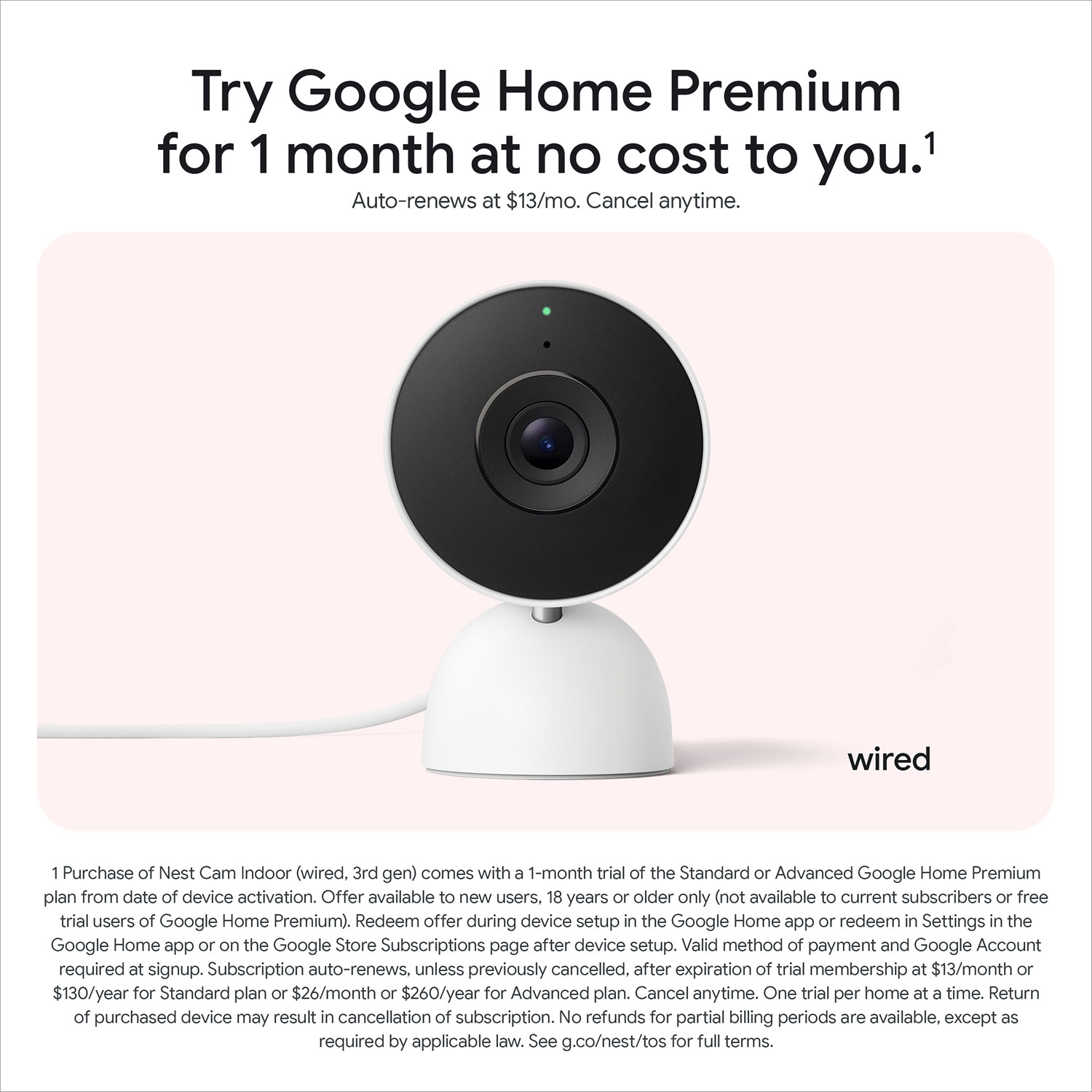 Google Nest Cam 3rd Gen Wired Indoor Security Camera with Gemini - Snow