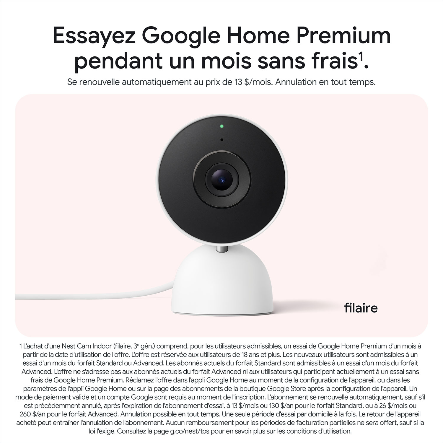Google Nest Cam 3rd Gen Wired Indoor Security Camera with Gemini - Snow