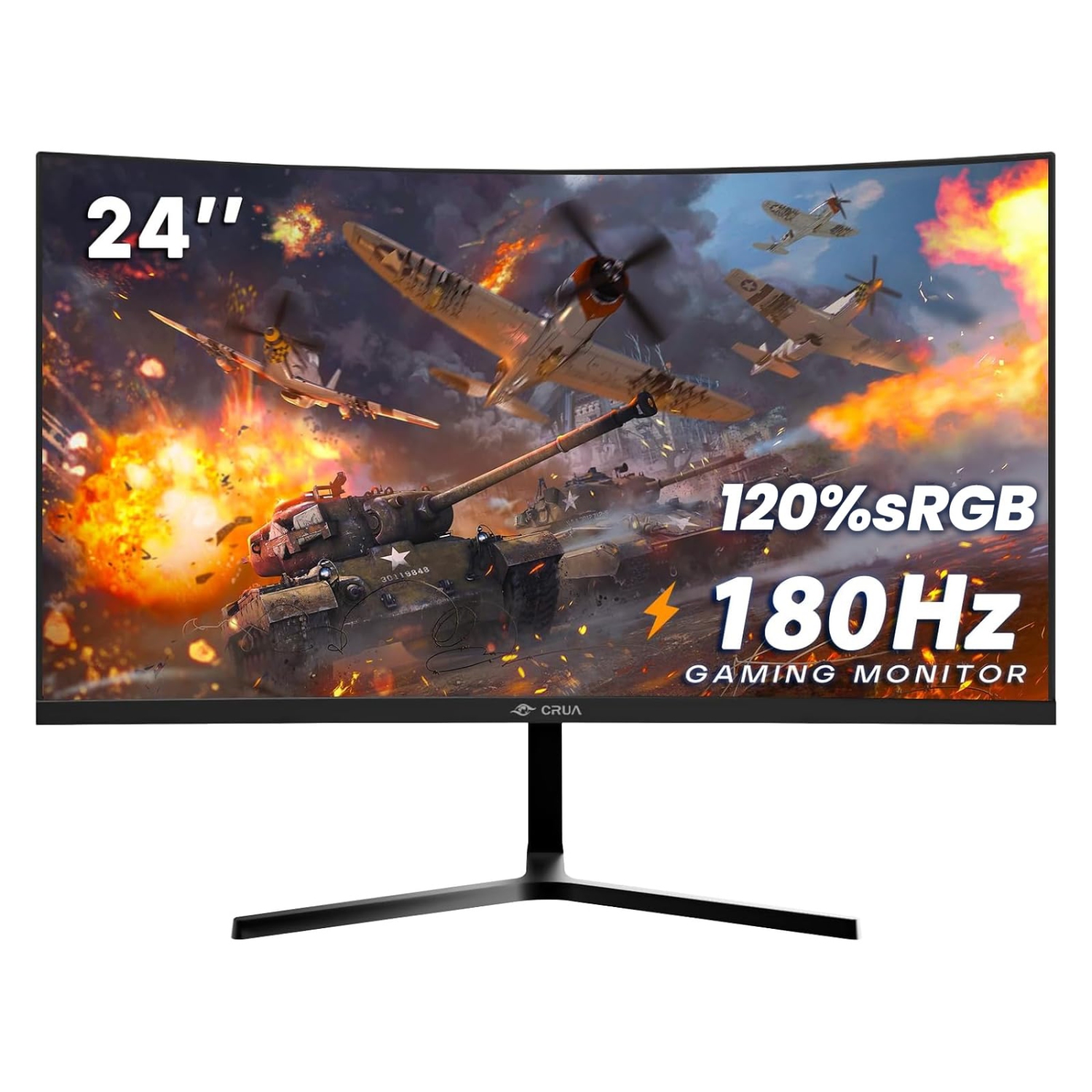 CRUA 24” Curved Gaming Monitor, 180Hz/144Hz FHD 1080P, Support 120% sRGB, AMD FreeSync, Low Motion Blur, Wall Mount Installs Compatible, for Office