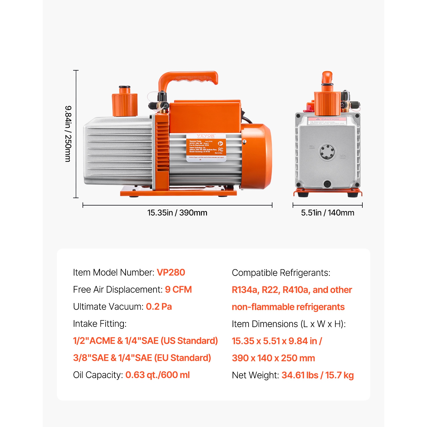 VEVOR 9 CFM HVAC 2 Stage Rotary Vane Vacuum Pump, for R134a R22 R410a Systems, Auto AC Vacuum Pump Kit with Oil Bottle, for Automotive Air