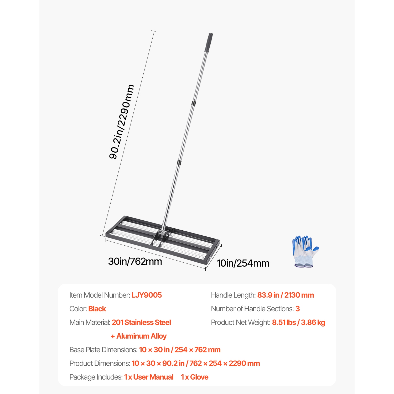 VEVOR 30" x 10" Updated Lawn Leveling Rake with Roller,Stainless Steel Lawn Leveler with 83.9" Adjustable Handle,Yard Leveling Rake,Effort Saving