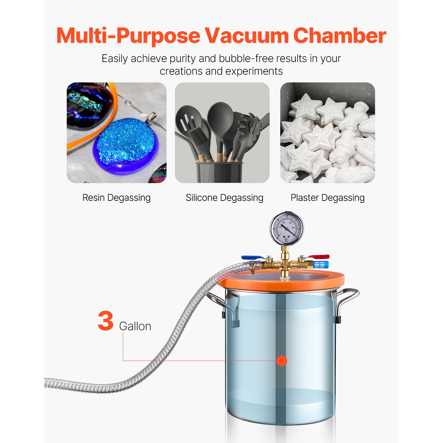 VEVOR 3 Gallon Vacuum Chamber and 3.5 CFM Pump Kit,Stainless Steel,Single Stage Pump Degassing Chamber Kit, with Acrylic Lid,Oil,4.92 ft Hose, for