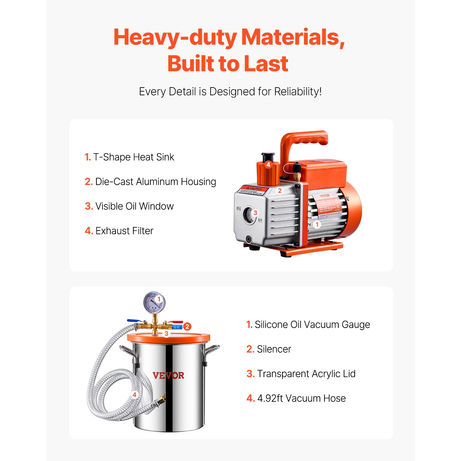 VEVOR 3 Gallon Vacuum Chamber and 3.5 CFM Pump Kit,Stainless Steel,Single Stage Pump Degassing Chamber Kit, with Acrylic Lid,Oil,4.92 ft Hose, for