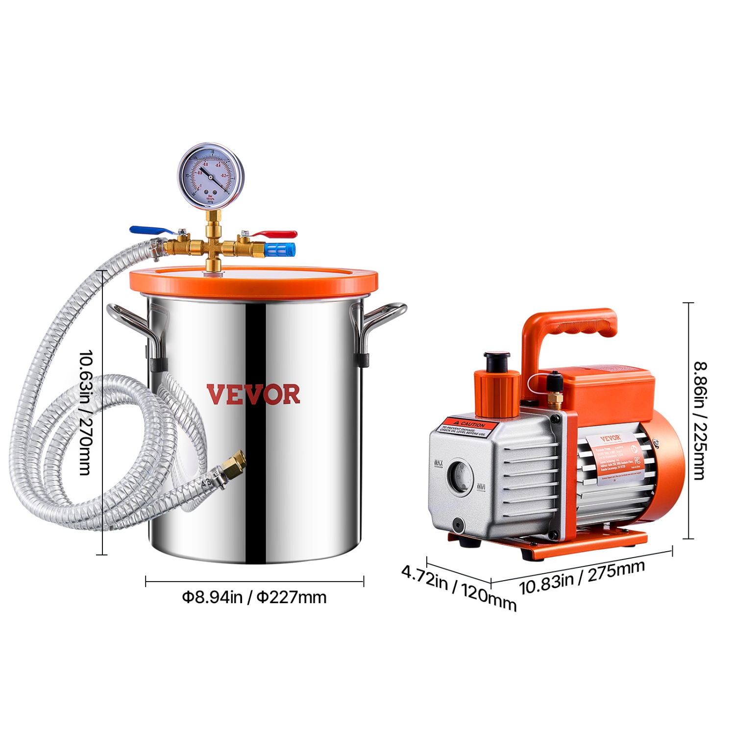 VEVOR 3 Gallon Vacuum Chamber and 3.5 CFM Pump Kit,Stainless Steel,Single Stage Pump Degassing Chamber Kit, with Acrylic Lid,Oil,4.92 ft Hose, for