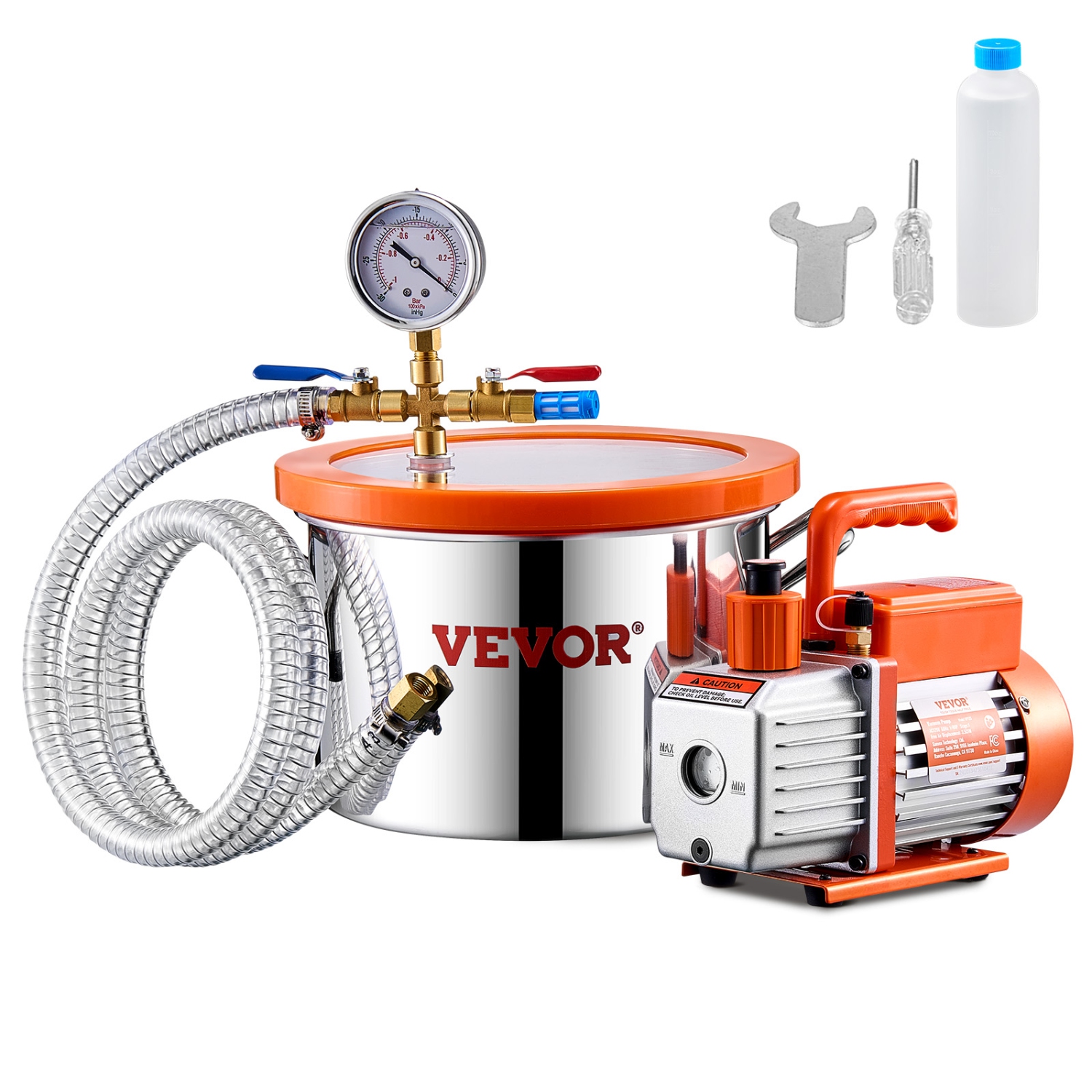 VEVOR 1.5 Gallon Vacuum Chamber and 3.5 CFM Pump Kit,Stainless Steel,Single Stage Pump Degassing Chamber Kit,with Acrylic Lid,Oil,4.92 ft Hose,for