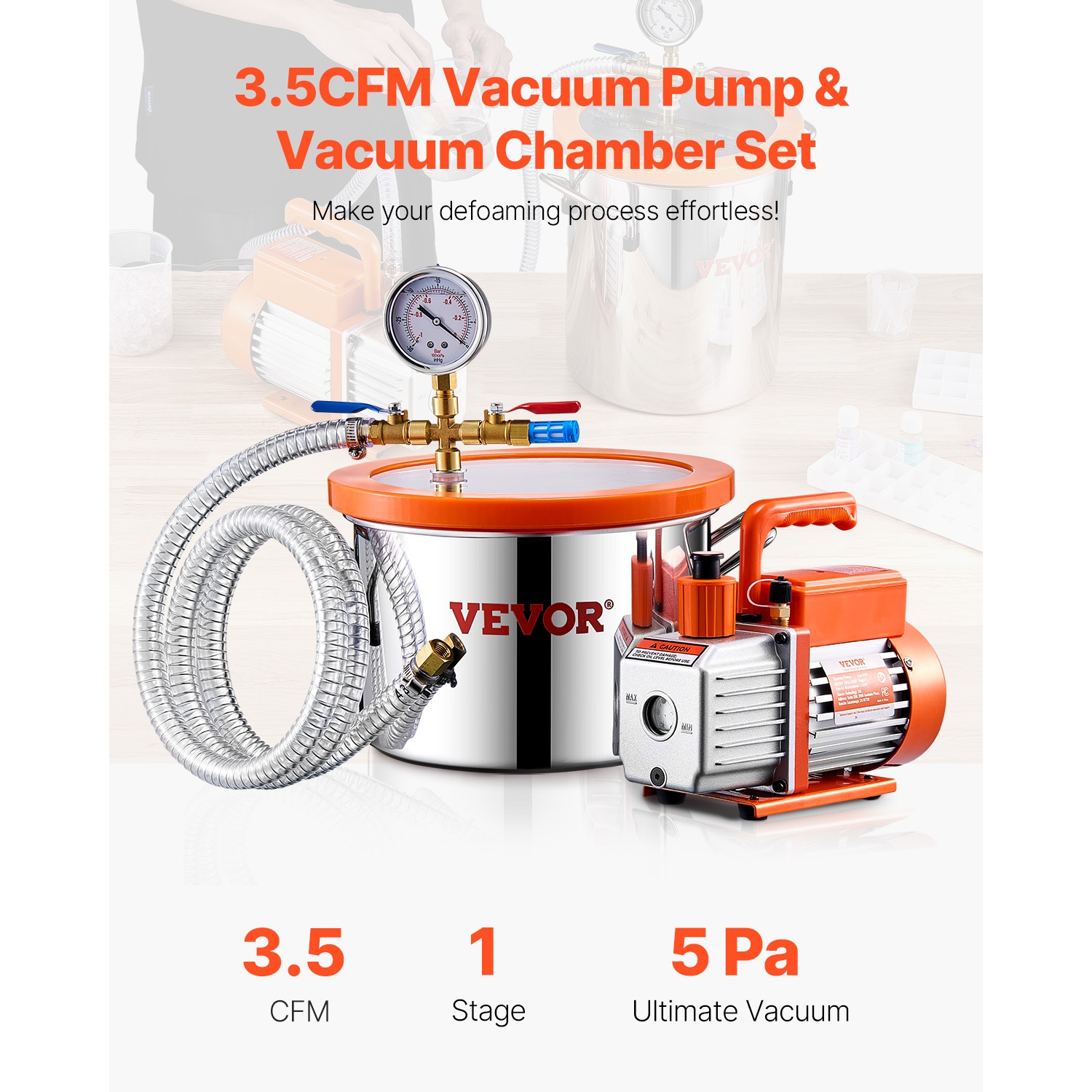 VEVOR 1.5 Gallon Vacuum Chamber and 3.5 CFM Pump Kit,Stainless Steel,Single Stage Pump Degassing Chamber Kit,with Acrylic Lid,Oil,4.92 ft Hose,for