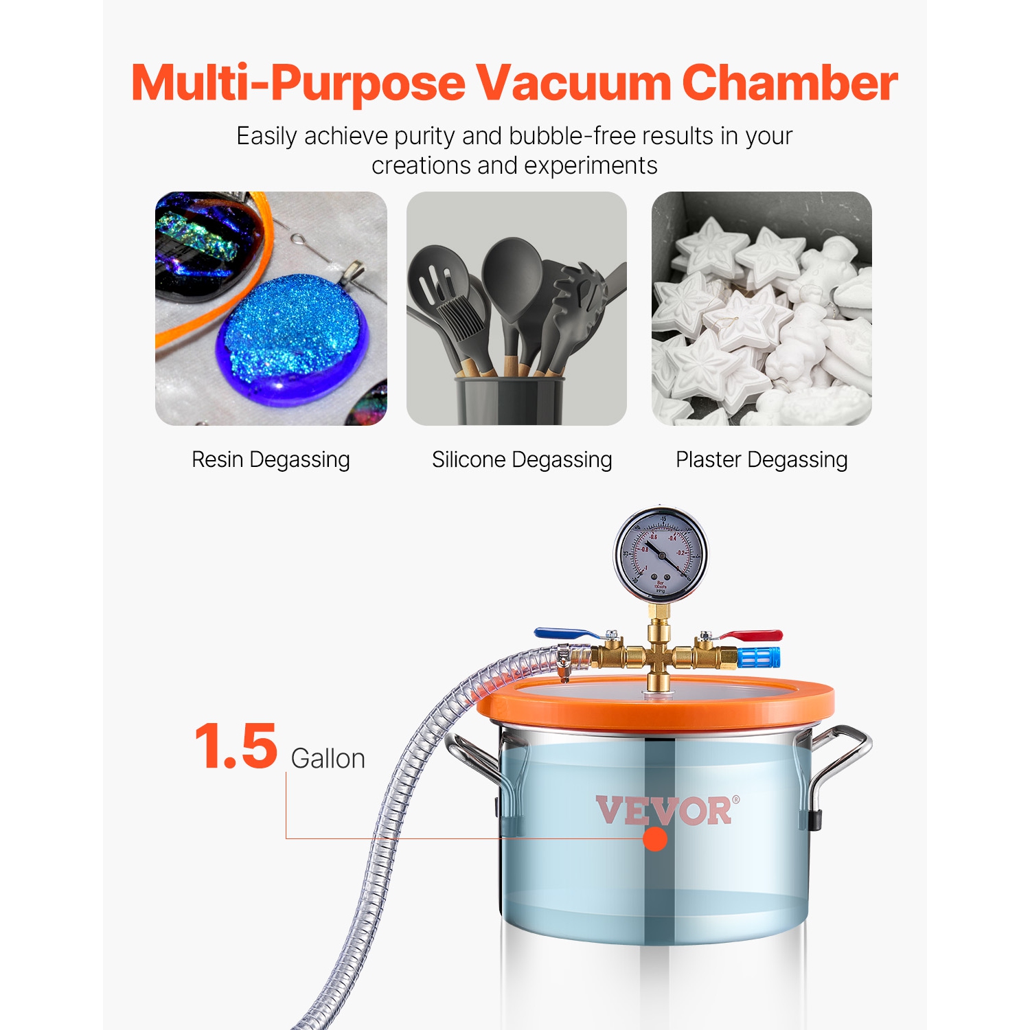 VEVOR 1.5 Gallon Vacuum Chamber and 3.5 CFM Pump Kit,Stainless Steel,Single Stage Pump Degassing Chamber Kit,with Acrylic Lid,Oil,4.92 ft Hose,for