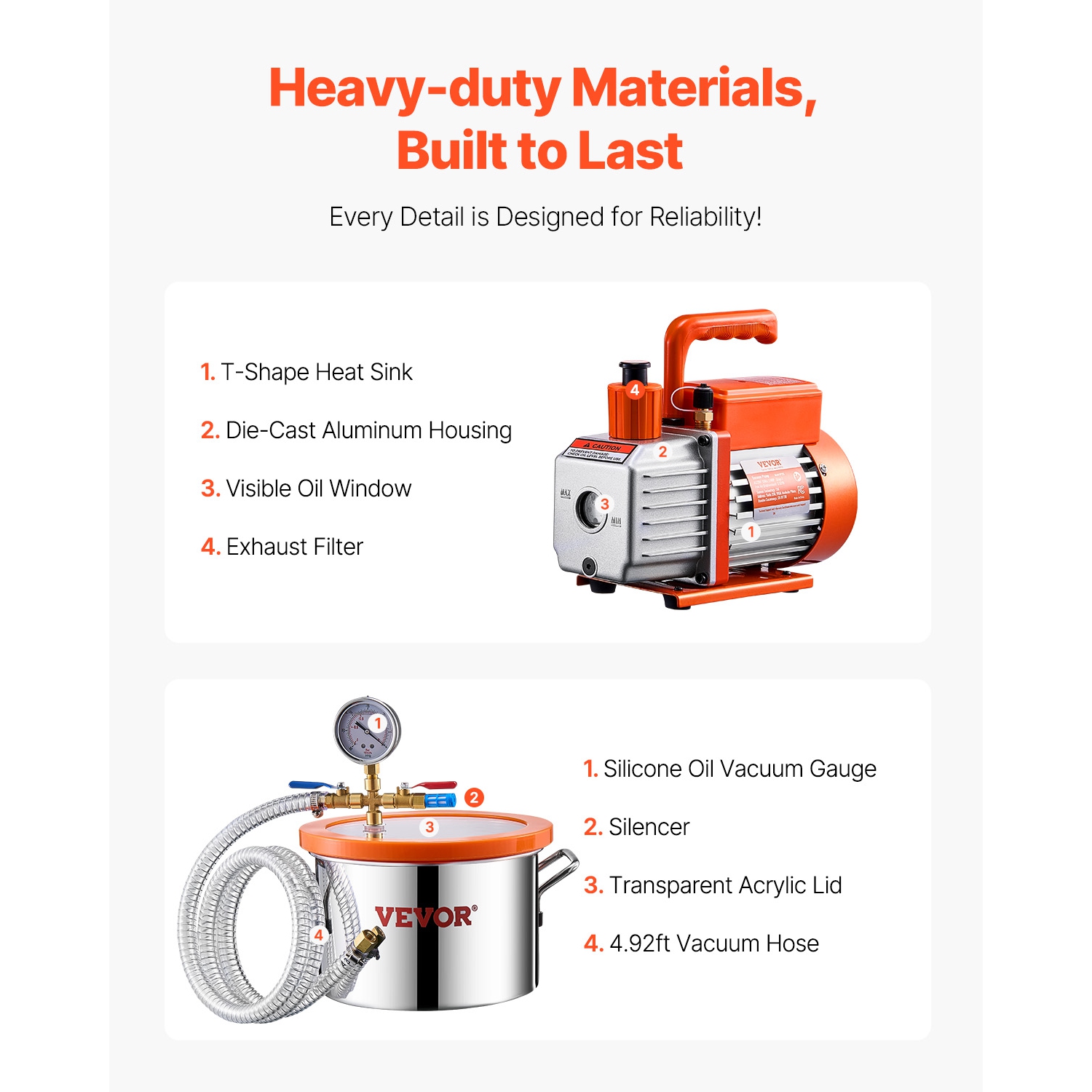 VEVOR 1.5 Gallon Vacuum Chamber and 3.5 CFM Pump Kit,Stainless Steel,Single Stage Pump Degassing Chamber Kit,with Acrylic Lid,Oil,4.92 ft Hose,for