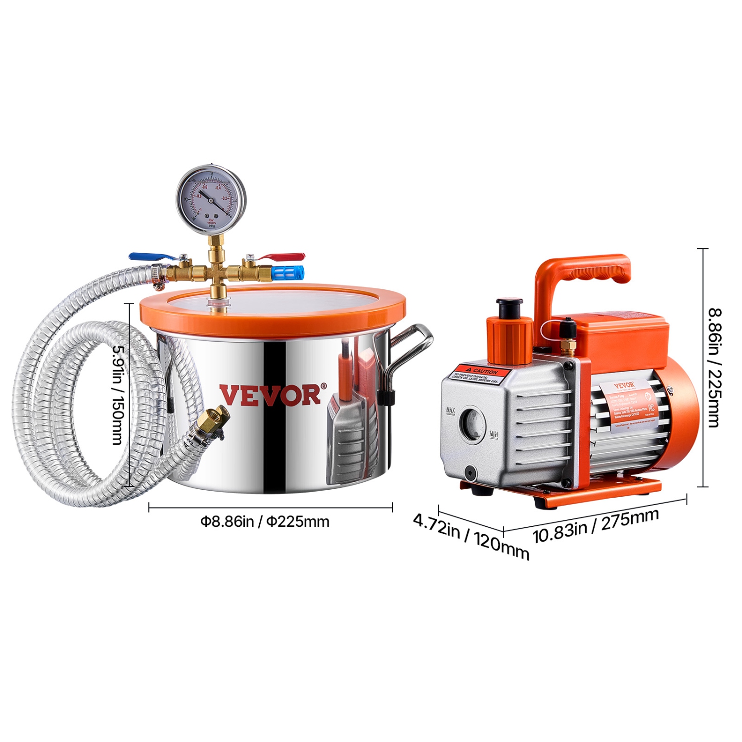 VEVOR 1.5 Gallon Vacuum Chamber and 3.5 CFM Pump Kit,Stainless Steel,Single Stage Pump Degassing Chamber Kit,with Acrylic Lid,Oil,4.92 ft Hose,for