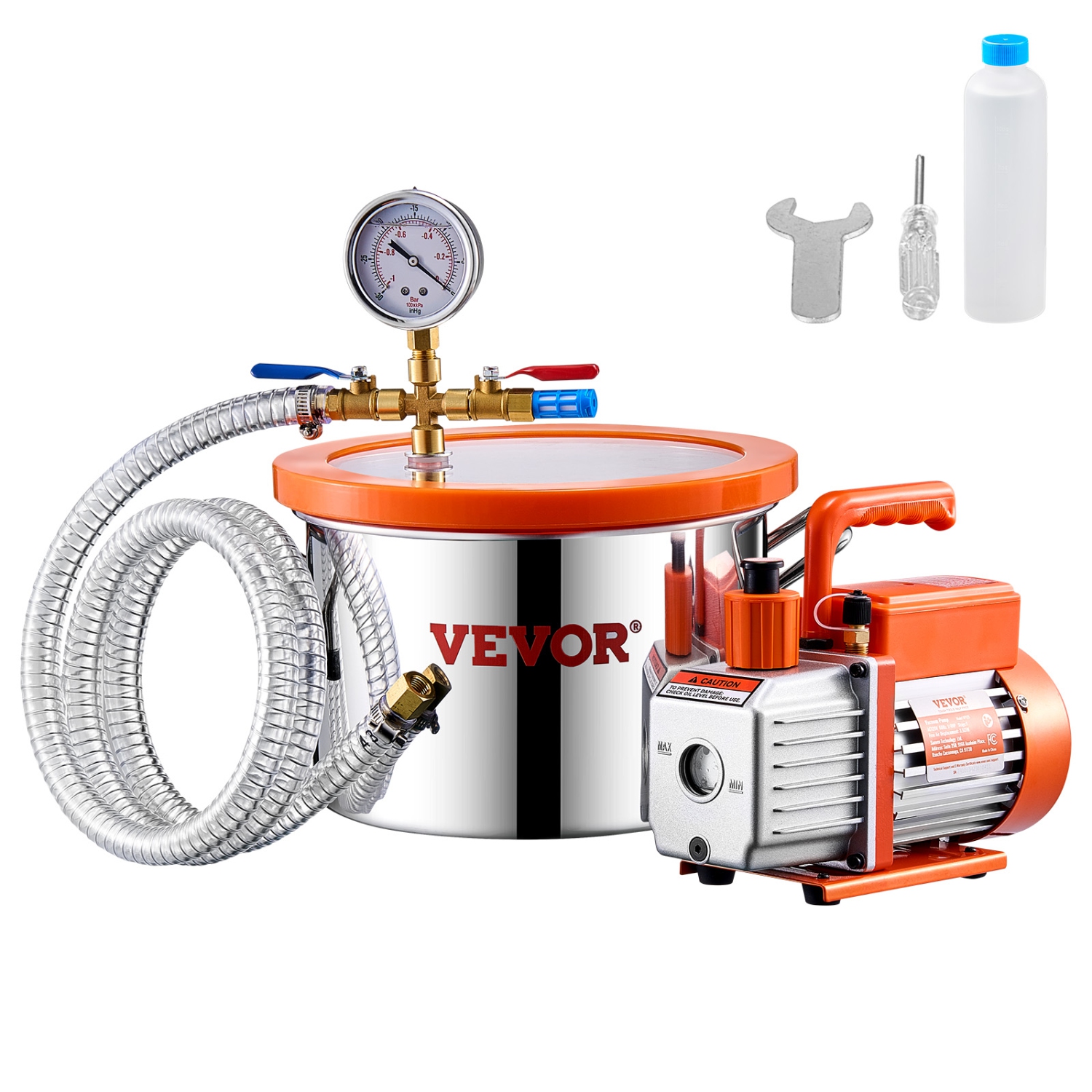 VEVOR 1.5 Gallon Vacuum Chamber and 3.5 CFM Pump Kit,Stainless Steel,Single Stage Pump Degassing Chamber Kit,with Acrylic Lid,Oil,4.92 ft Hose,for