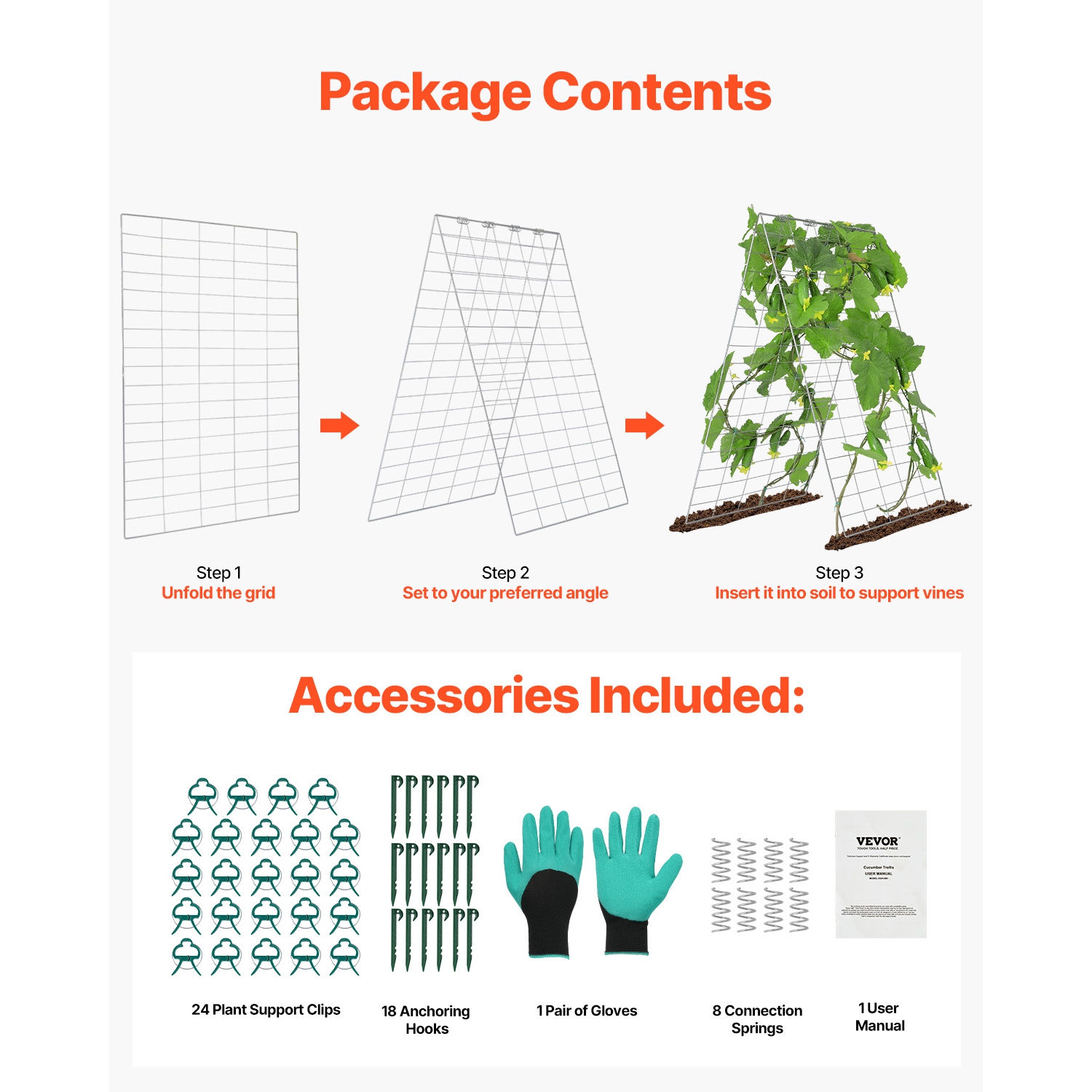 VEVOR 35" x 55" Cucumber Trellis for Climbing Plants, Cucumber Trellis Set with Plant Clips, Metal Trellis for Raised Bed, Outdoor Plant Grow Support