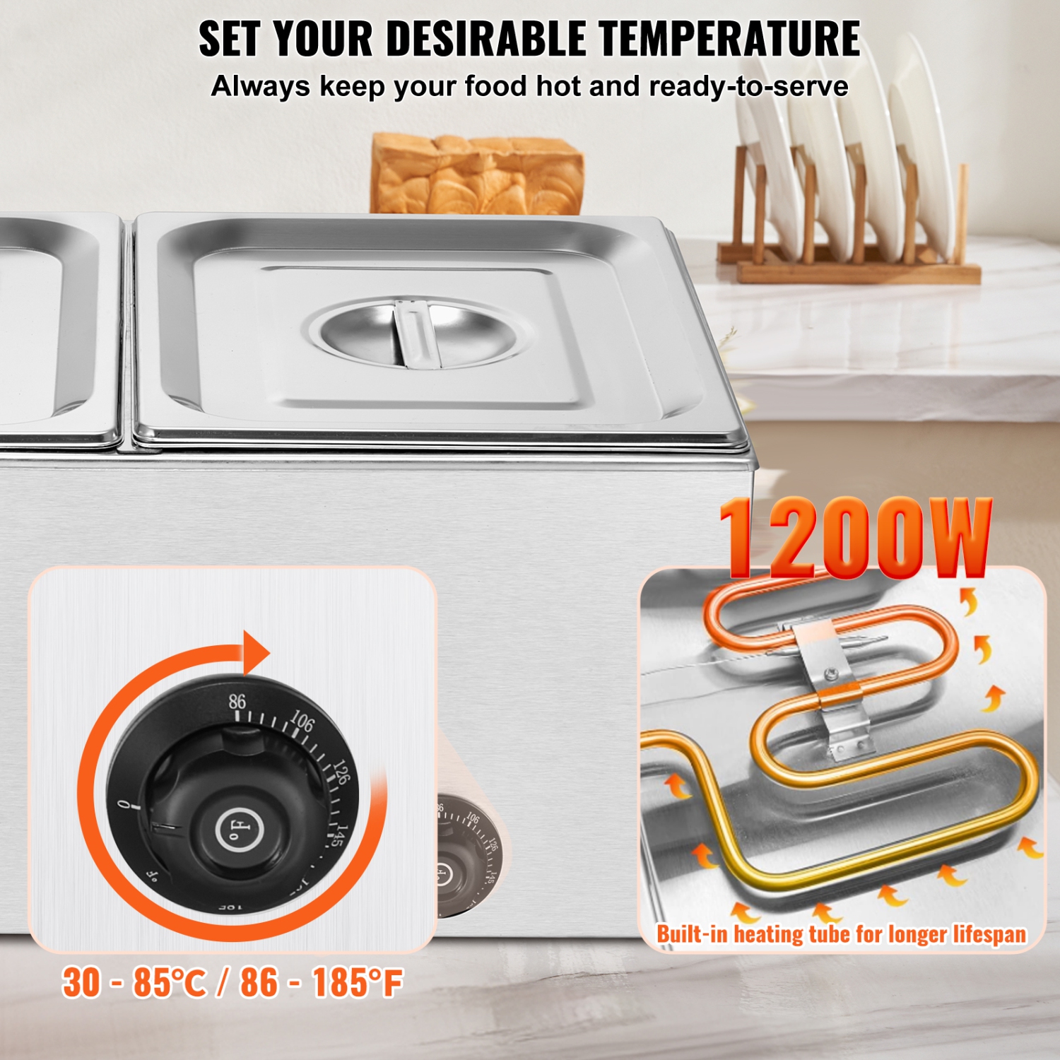 VEVOR 24QT Commercial Food Warmer,2-Pan Electric Steam Table,1200W Countertop Stainless Steel Buffet Bain Marie with 86-185°F Temp Control for