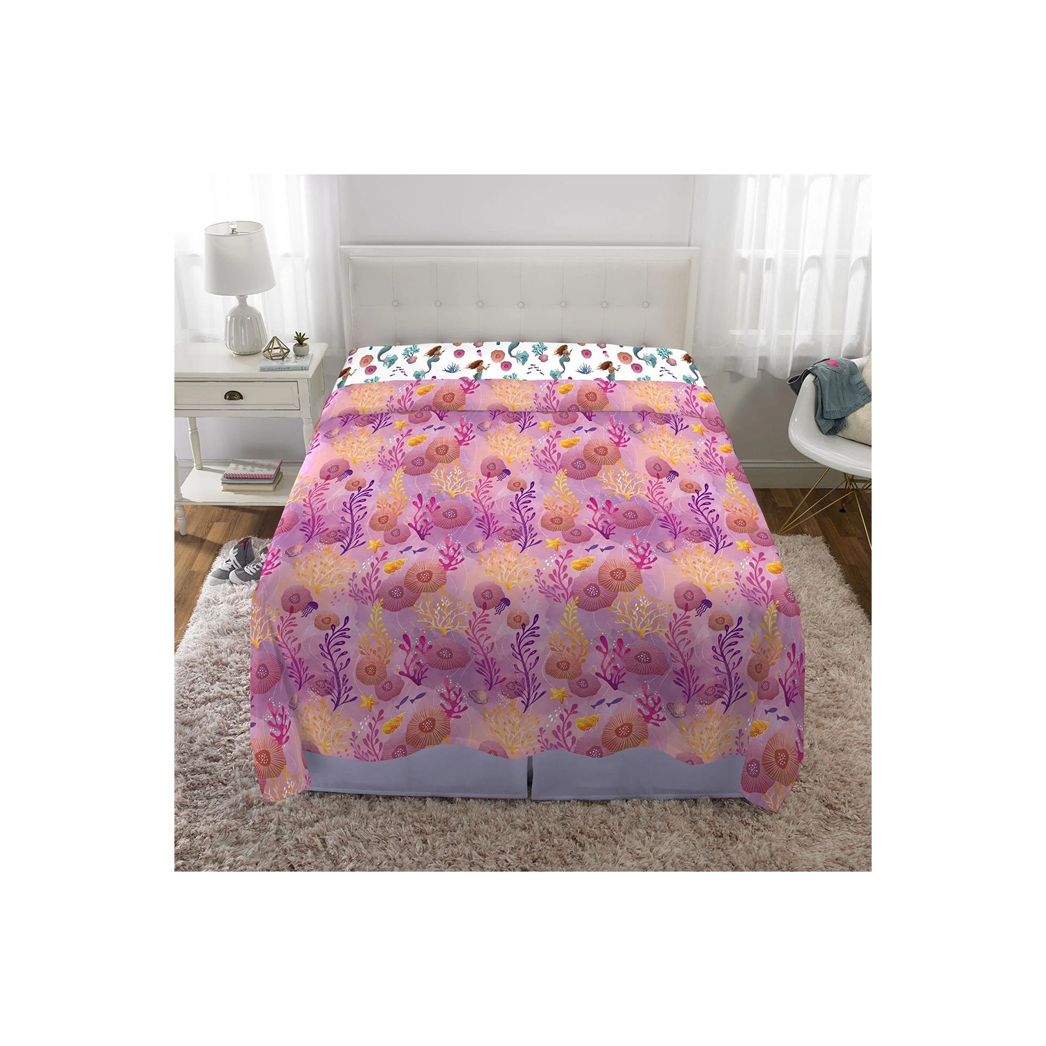 Little Mermaid "Aquatic Outlines" 4 Piece Soft and Cozy Multi-color Full Bedding Sheet Set for Kids