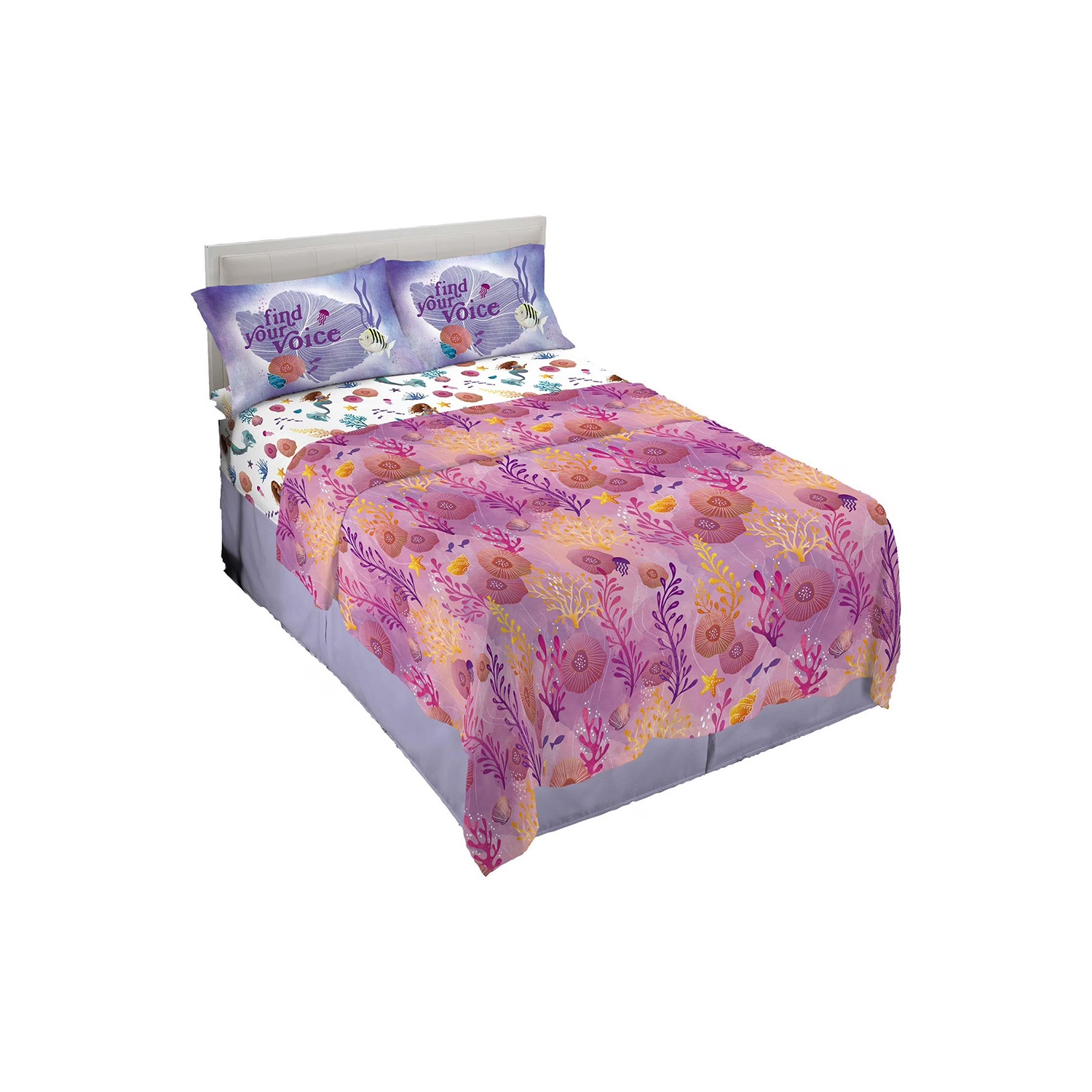 Little Mermaid "Aquatic Outlines" 4 Piece Soft and Cozy Multi-color Full Bedding Sheet Set for Kids