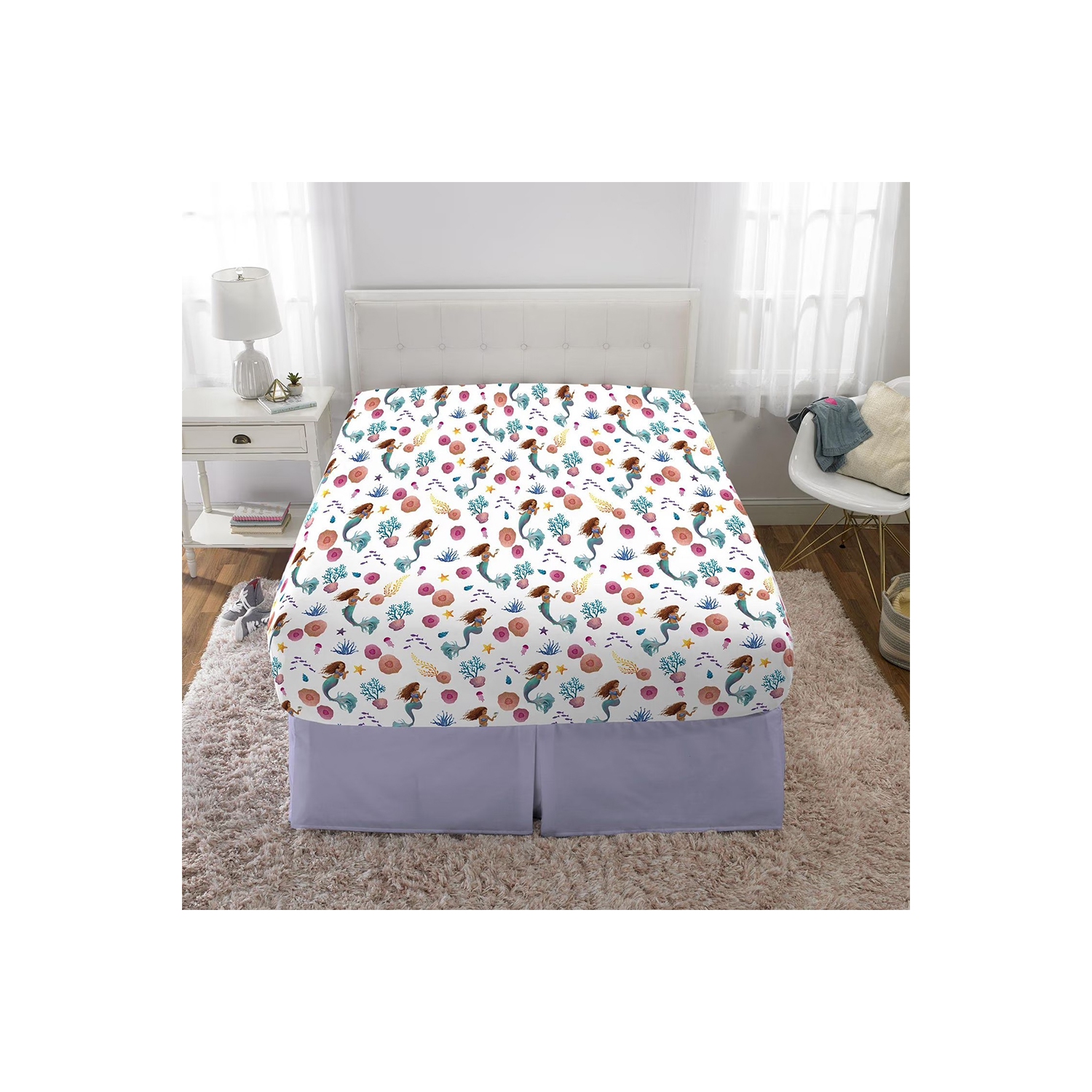 Little Mermaid "Aquatic Outlines" 4 Piece Soft and Cozy Multi-color Full Bedding Sheet Set for Kids