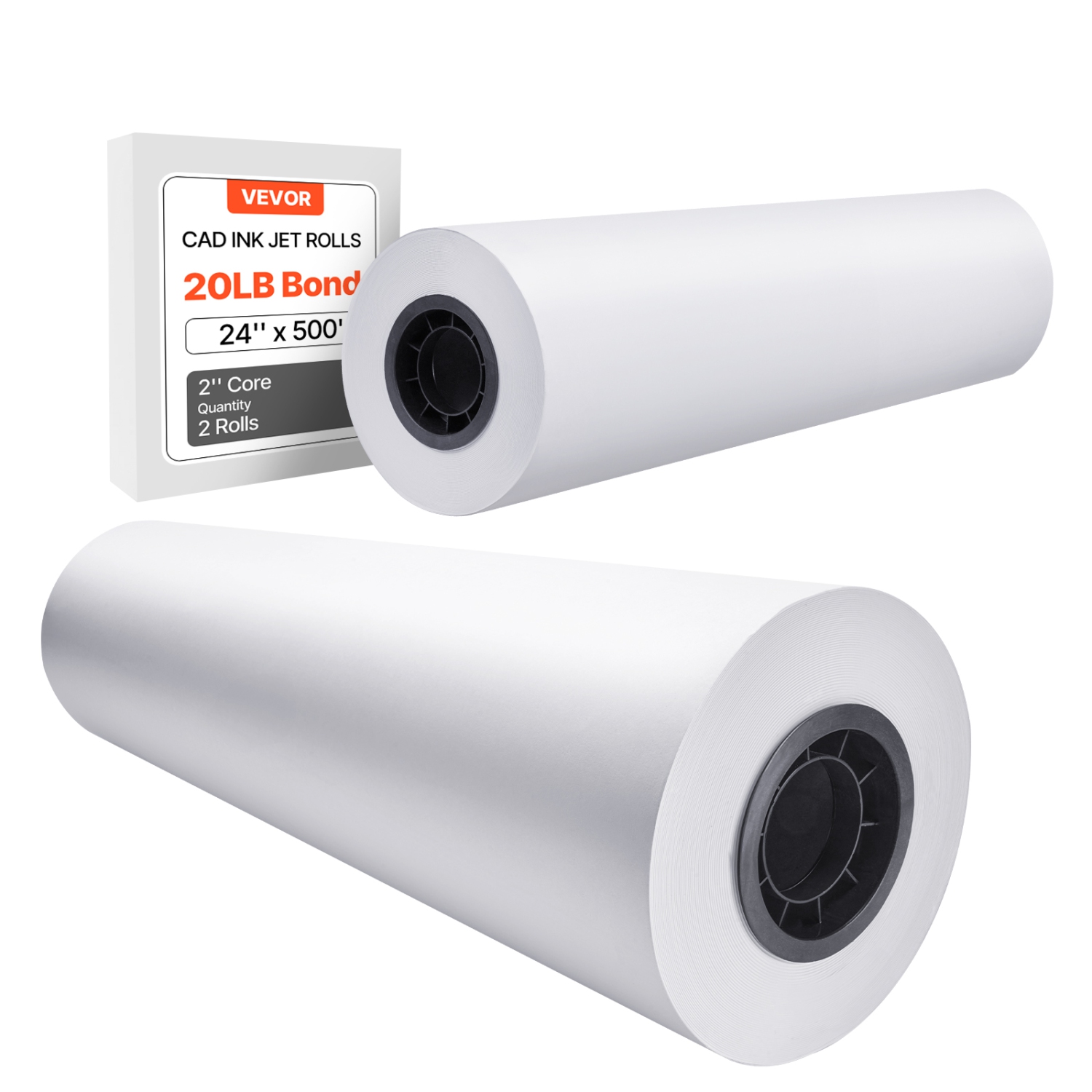 VEVOR 24 in x 500 ft Wide Format Plotter Paper, 2 Rolls CAD Bond Rolls with 3 in Core, 20 LB Bond Paper Rolls,for CAD Drawings, Engineering Plans,