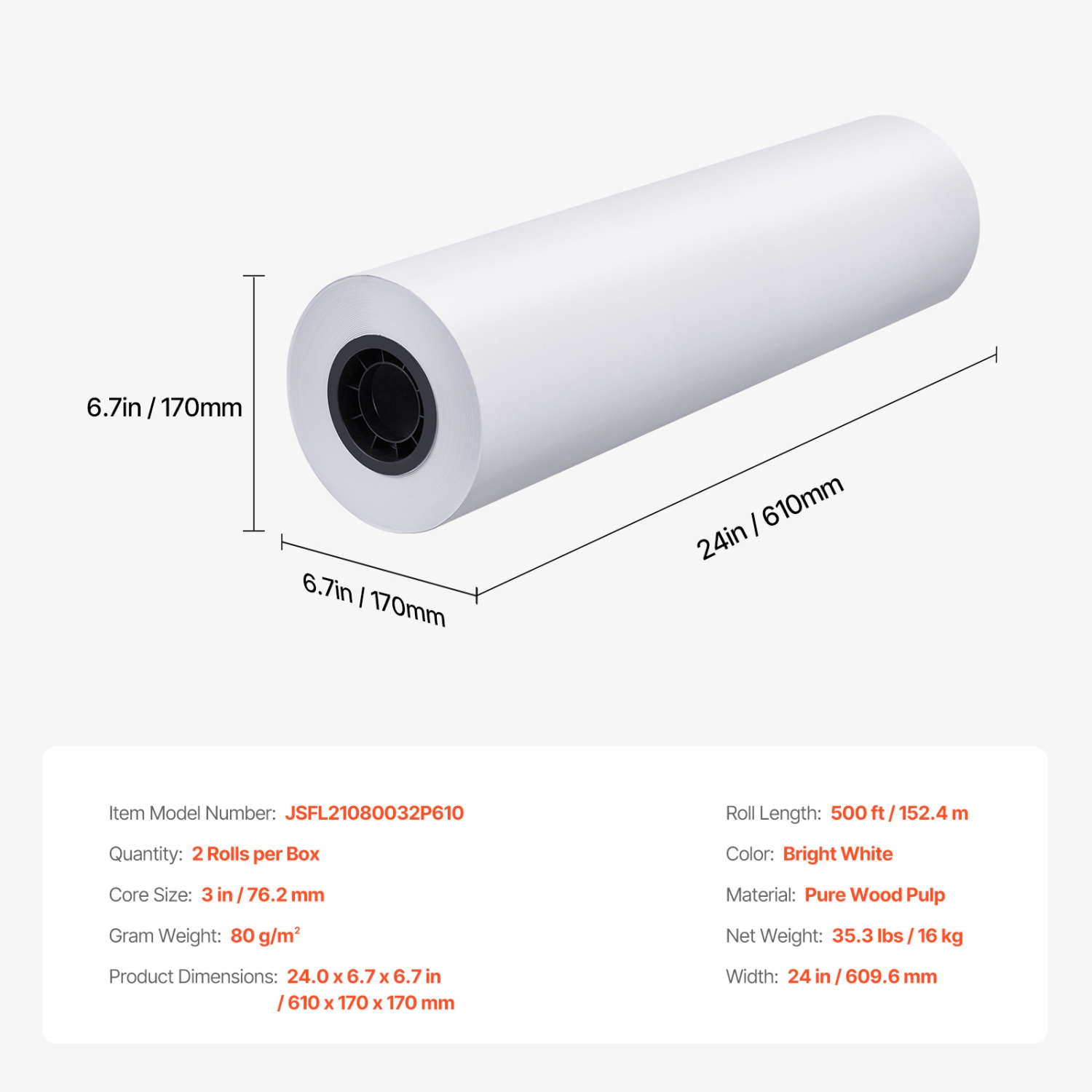 VEVOR 24 in x 500 ft Wide Format Plotter Paper, 2 Rolls CAD Bond Rolls with 3 in Core, 20 LB Bond Paper Rolls,for CAD Drawings, Engineering Plans,