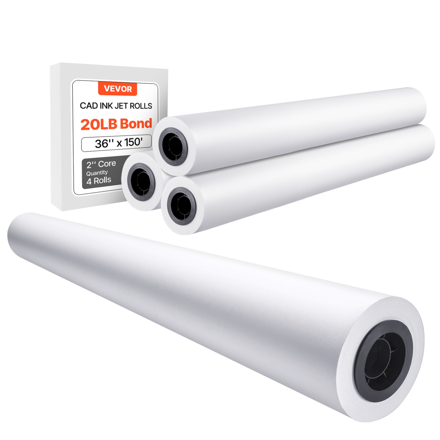 VEVOR 36 in x 150 ft Wide Format Plotter Paper, 4 Rolls CAD Bond Rolls with 2 in Core, 20 LB Bond Paper Rolls,for CAD Drawings, Engineering Plans,