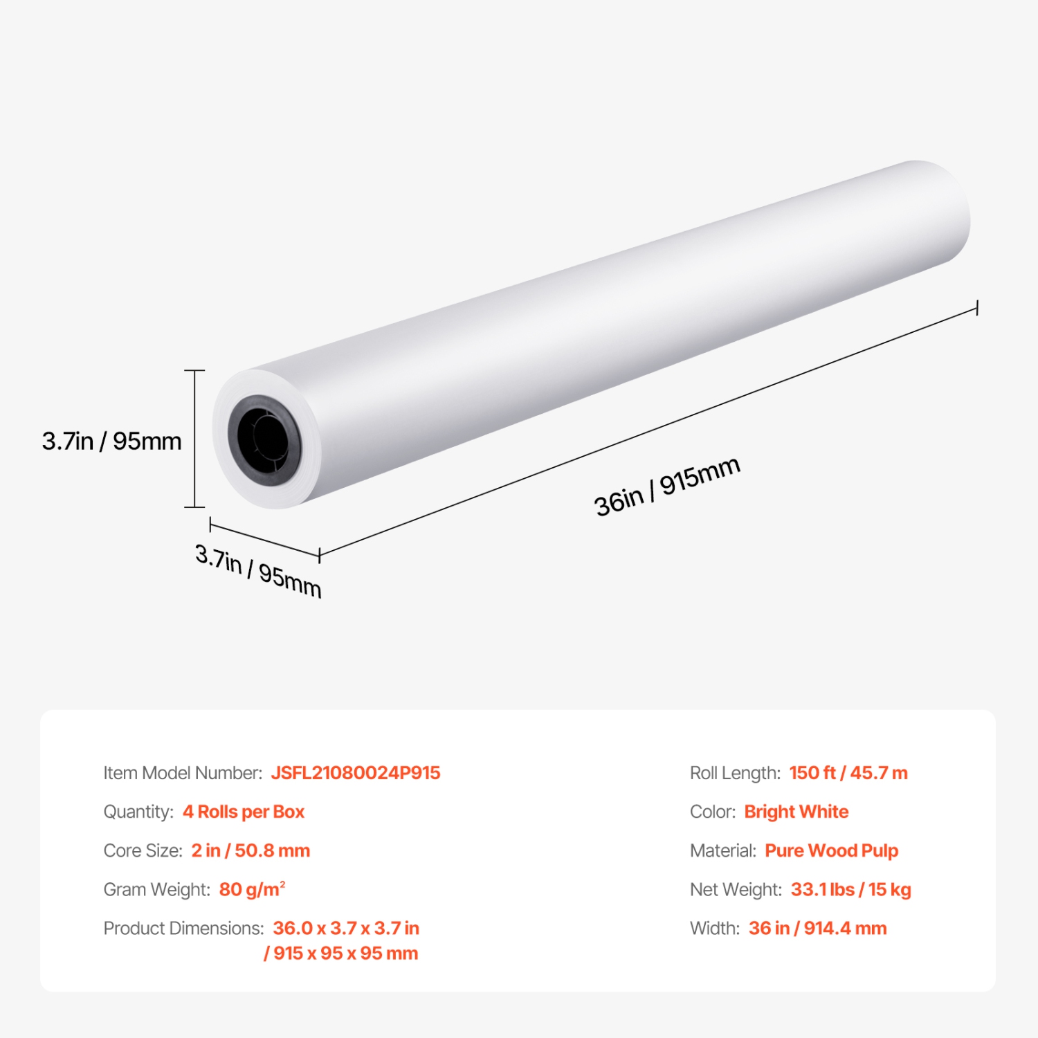 VEVOR 36 in x 150 ft Wide Format Plotter Paper, 4 Rolls CAD Bond Rolls with 2 in Core, 20 LB Bond Paper Rolls,for CAD Drawings, Engineering Plans,