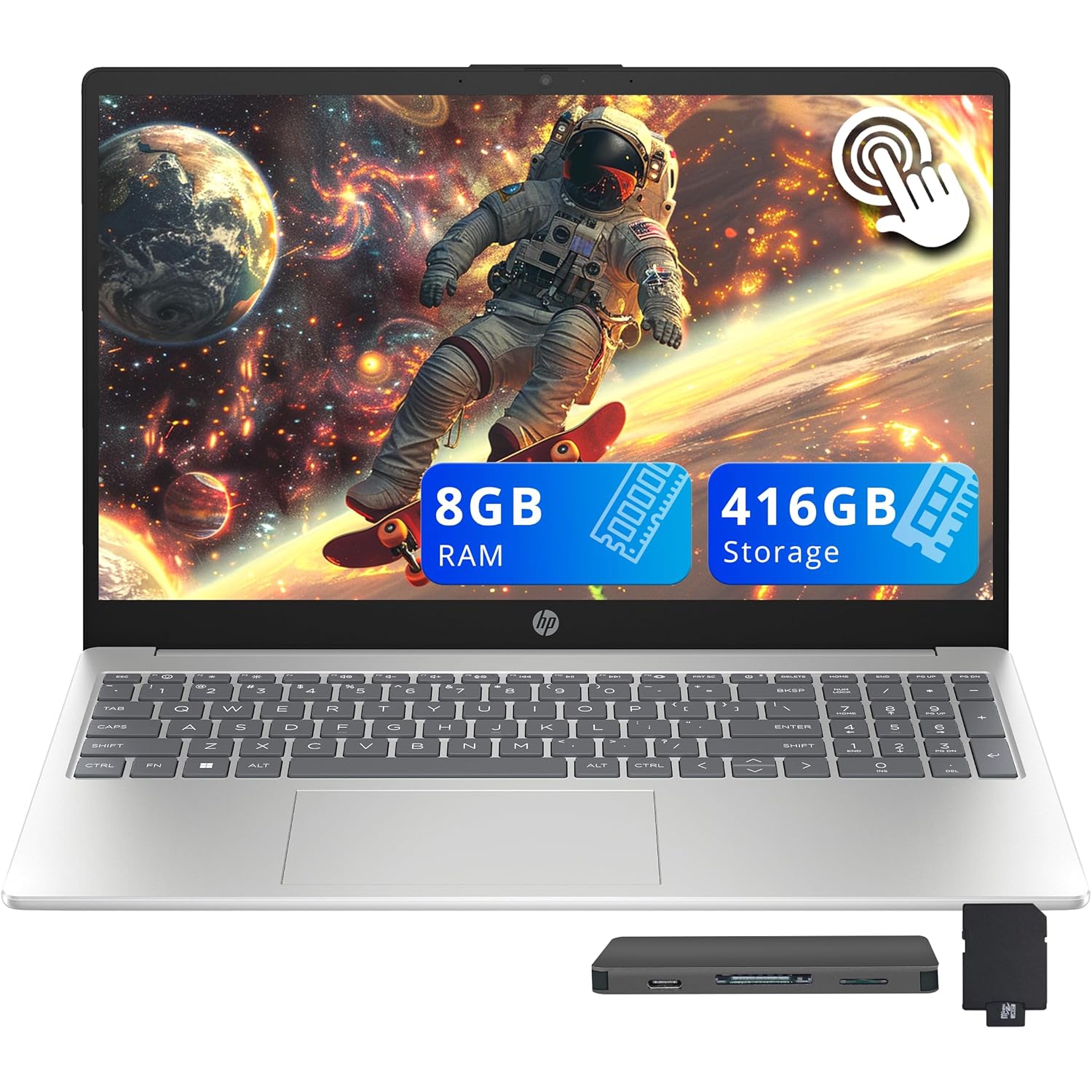 HP 15.6" HD Touchscreen Laptop, Intel I3-1315U,416GB Storage, 8GB DDR4 RAM, Intel UHD Graphics, Numeric Keypad, HD Windows 11 Home, Silver