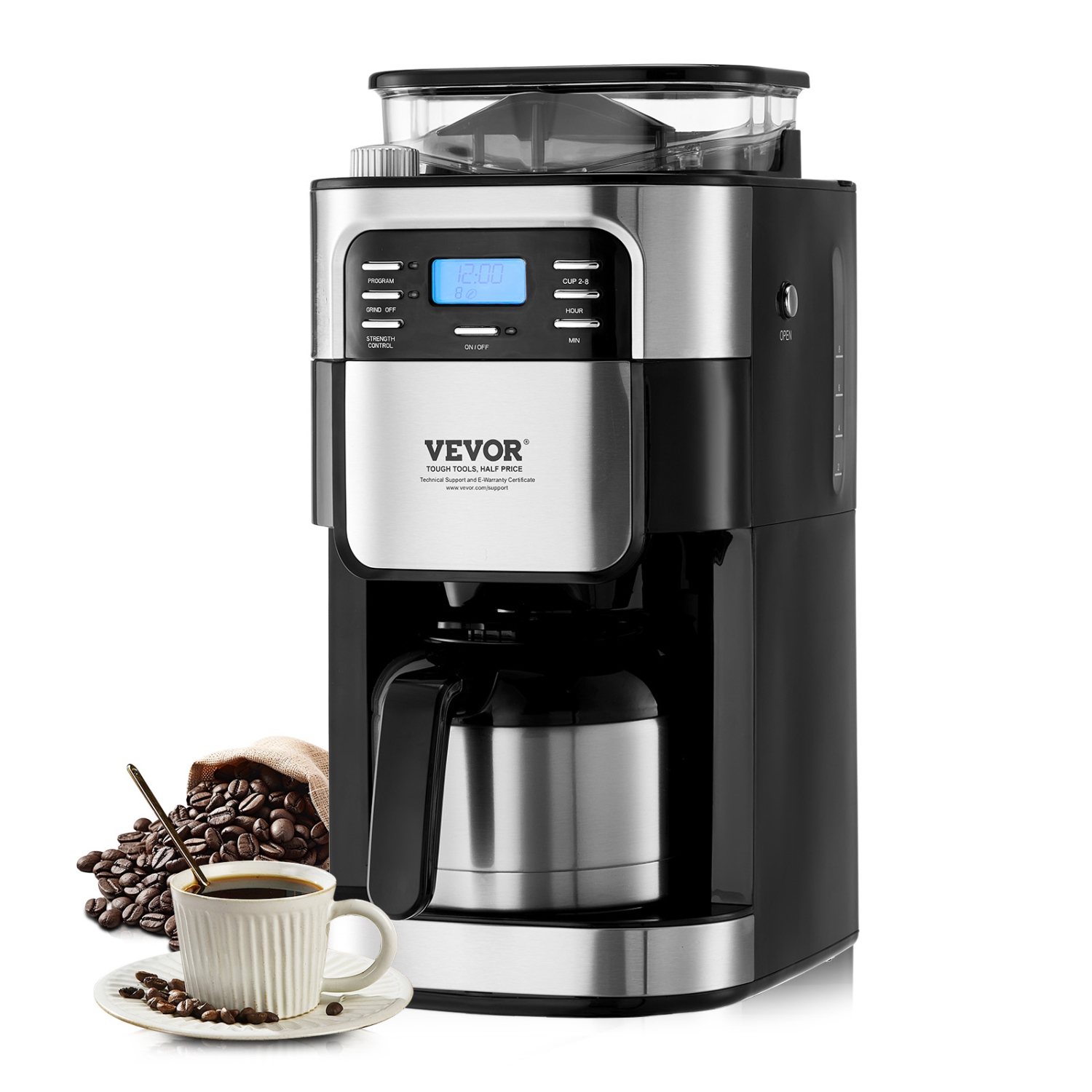 VEVOR Coffee Maker with Grinder, 8 Cup Coffee Machine, Grind and Brew Coffee Maker with 3 Brew Strength Control, 24-Hour Timer for Auto Brew, for