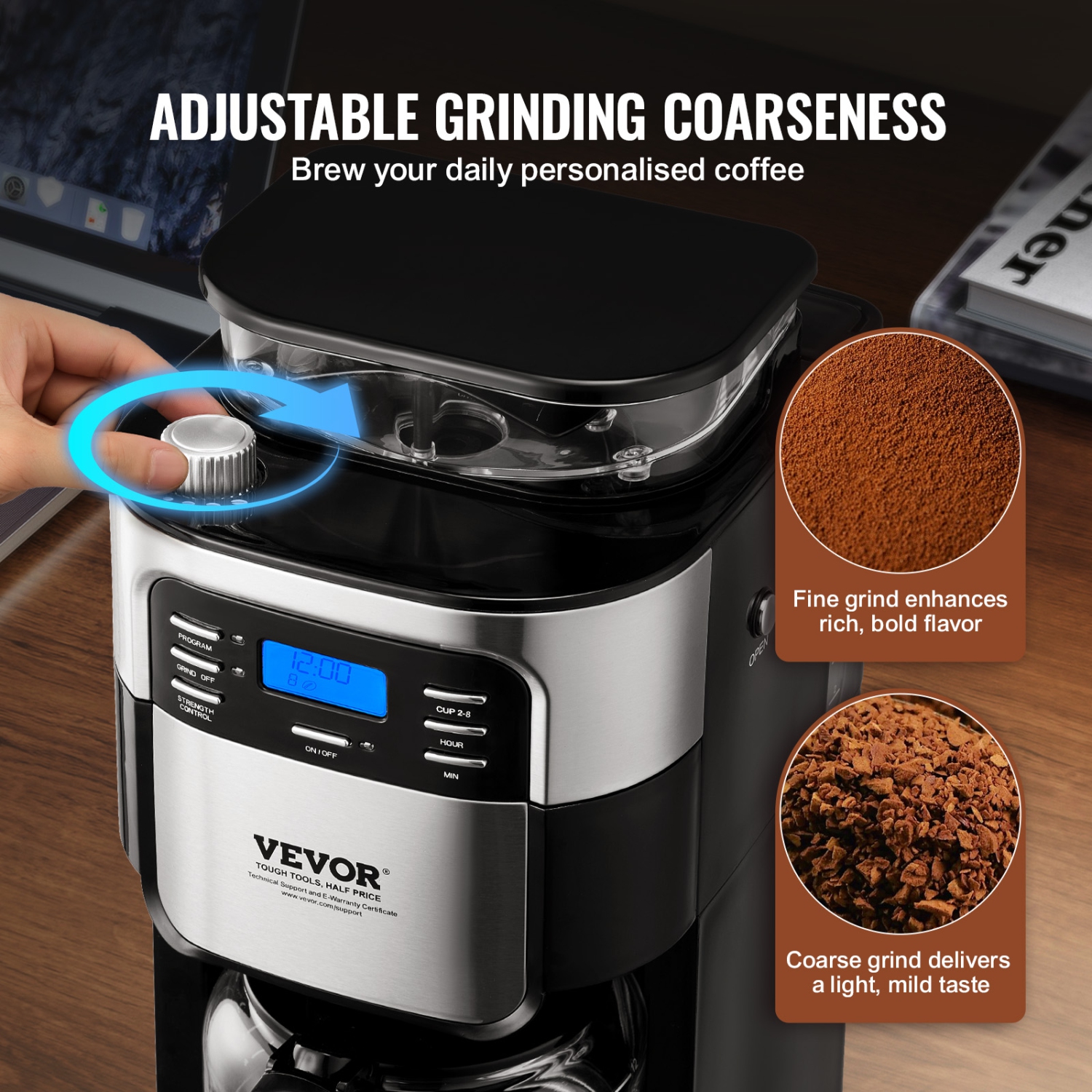 VEVOR Coffee Maker with Grinder, 8 Cup Coffee Machine, Grind and Brew Coffee Maker with 3 Brew Strength Control, 24-Hour Timer for Auto Brew, for