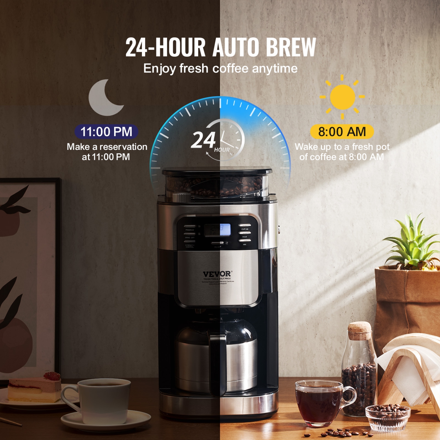 VEVOR Coffee Maker with Grinder, 8 Cup Coffee Machine, Grind and Brew Coffee Maker with 3 Brew Strength Control, 24-Hour Timer for Auto Brew, for
