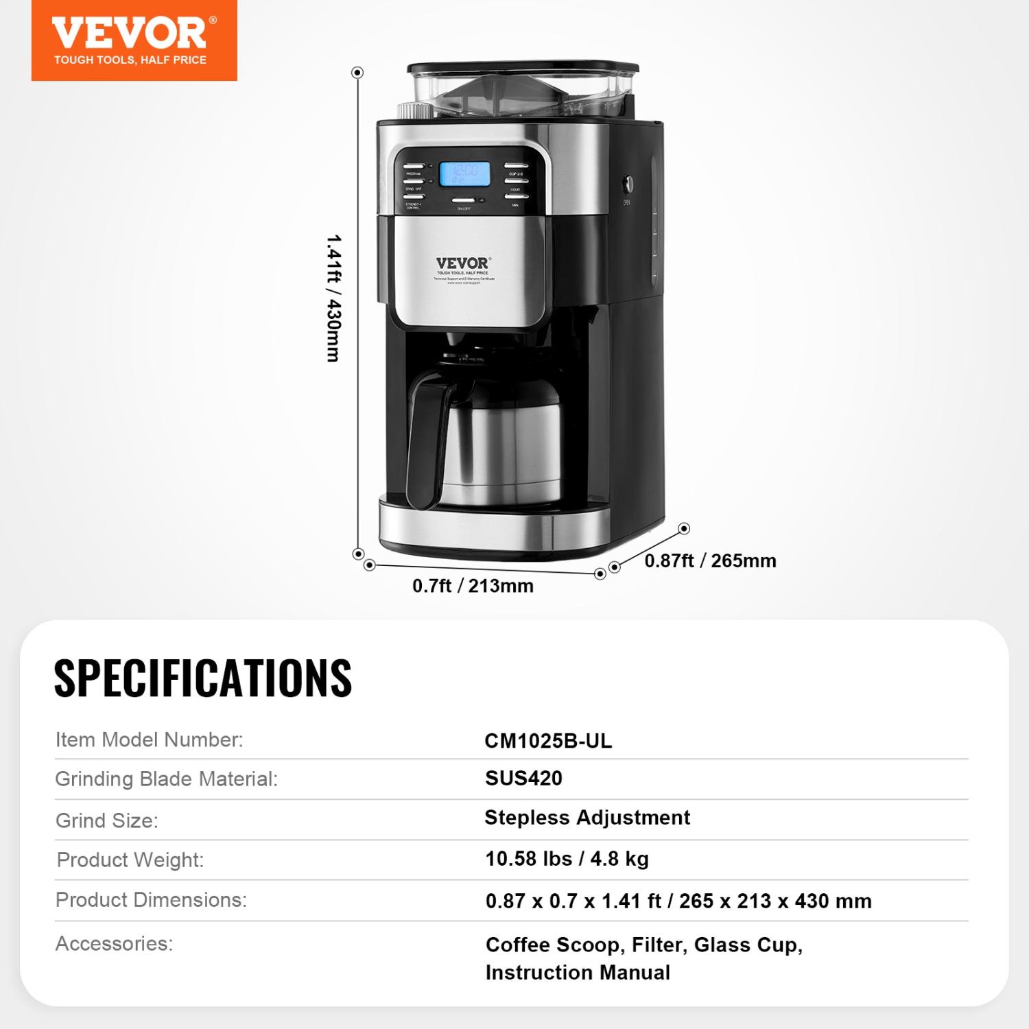VEVOR Coffee Maker with Grinder, 8 Cup Coffee Machine, Grind and Brew Coffee Maker with 3 Brew Strength Control, 24-Hour Timer for Auto Brew, for