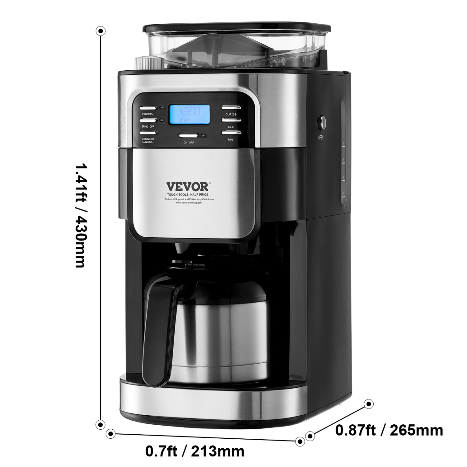 VEVOR Coffee Maker with Grinder, 8 Cup Coffee Machine, Grind and Brew Coffee Maker with 3 Brew Strength Control, 24-Hour Timer for Auto Brew, for