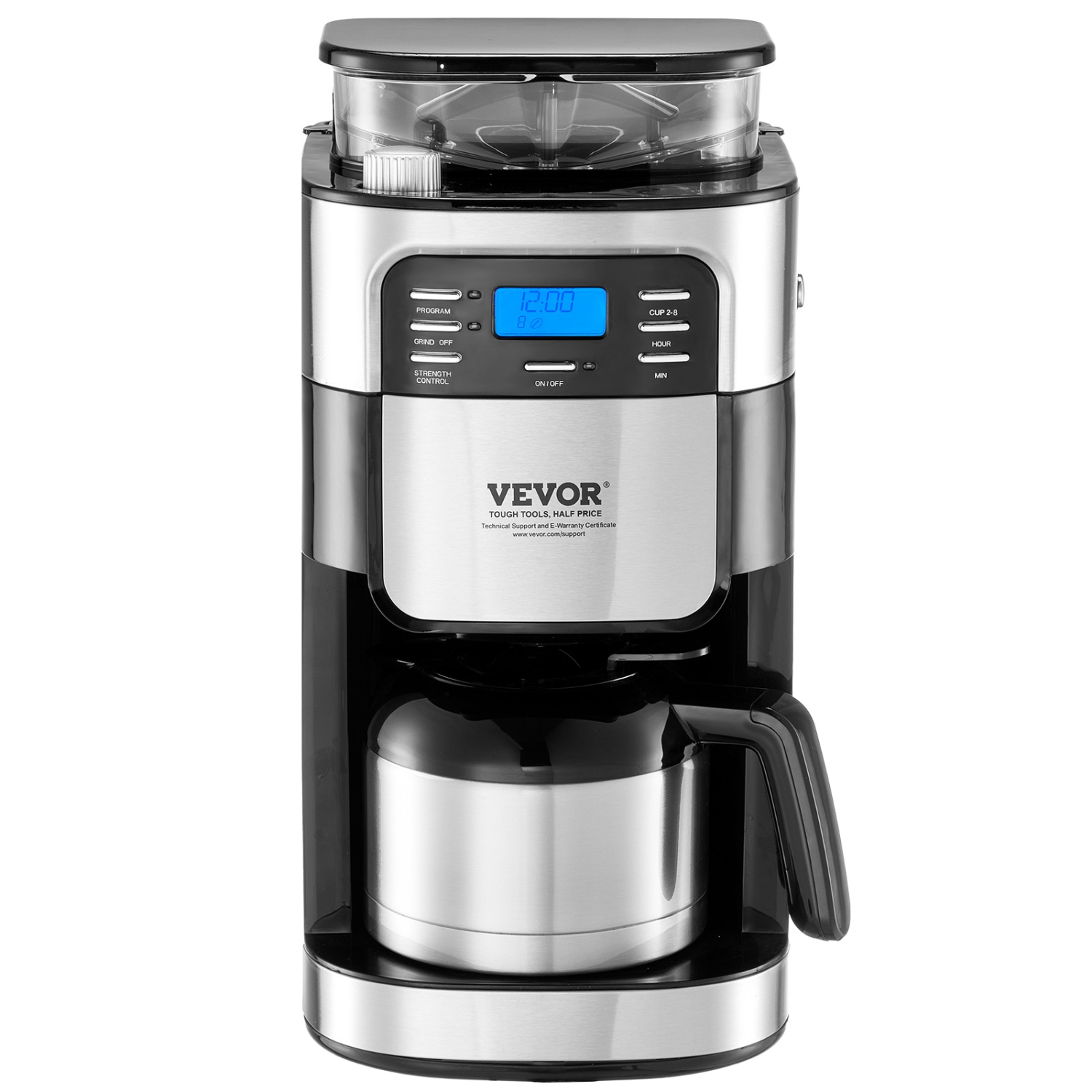 VEVOR Coffee Maker with Grinder, 8 Cup Coffee Machine, Grind and Brew Coffee Maker with 3 Brew Strength Control, 24-Hour Timer for Auto Brew, for
