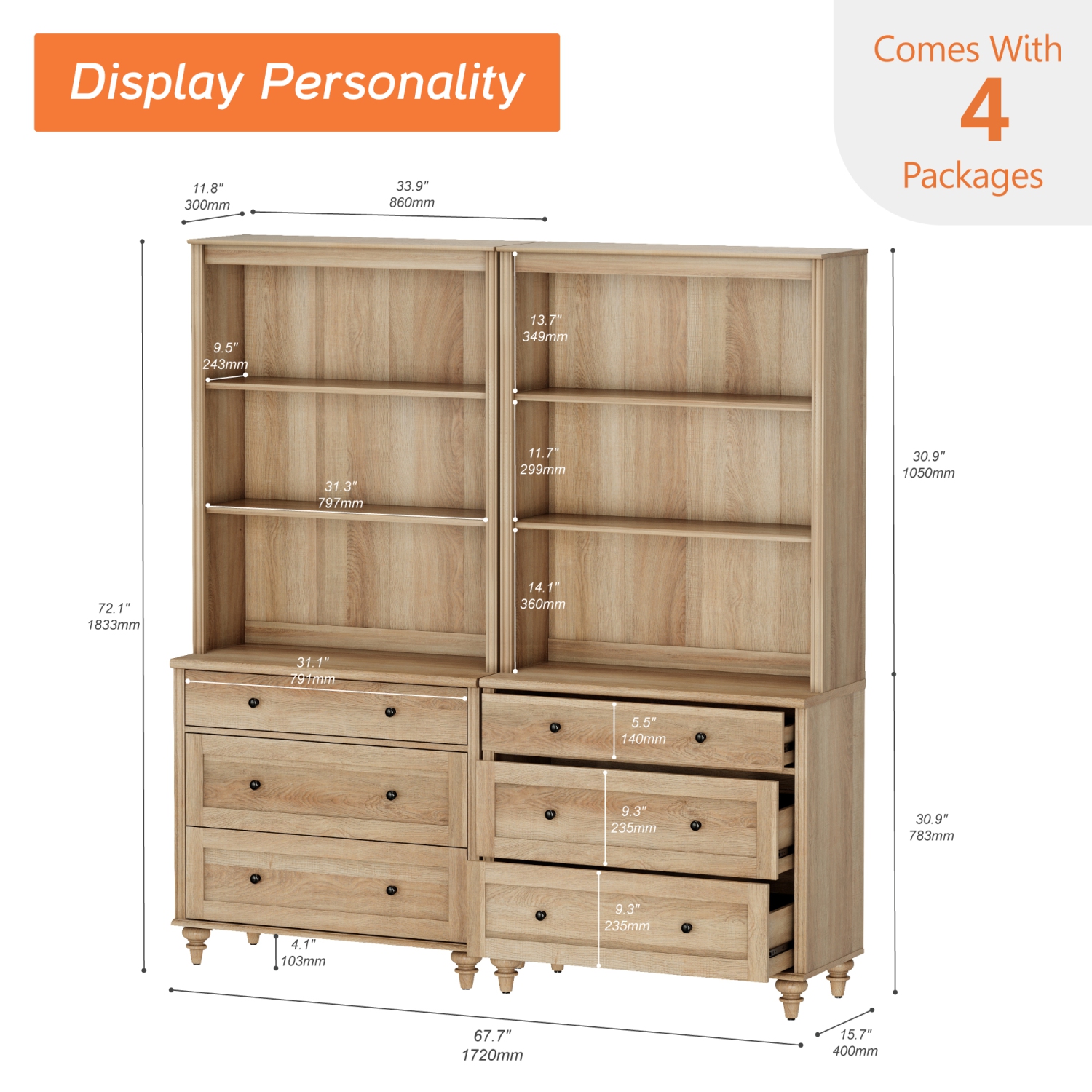 Bibliothèque à 3 niveaux WAMPAT avec 3 tiroirs, grande bibliothèque de 72&nbsp;po de hauteur, étagère de rangement avec bibliothèque ouverte à 3