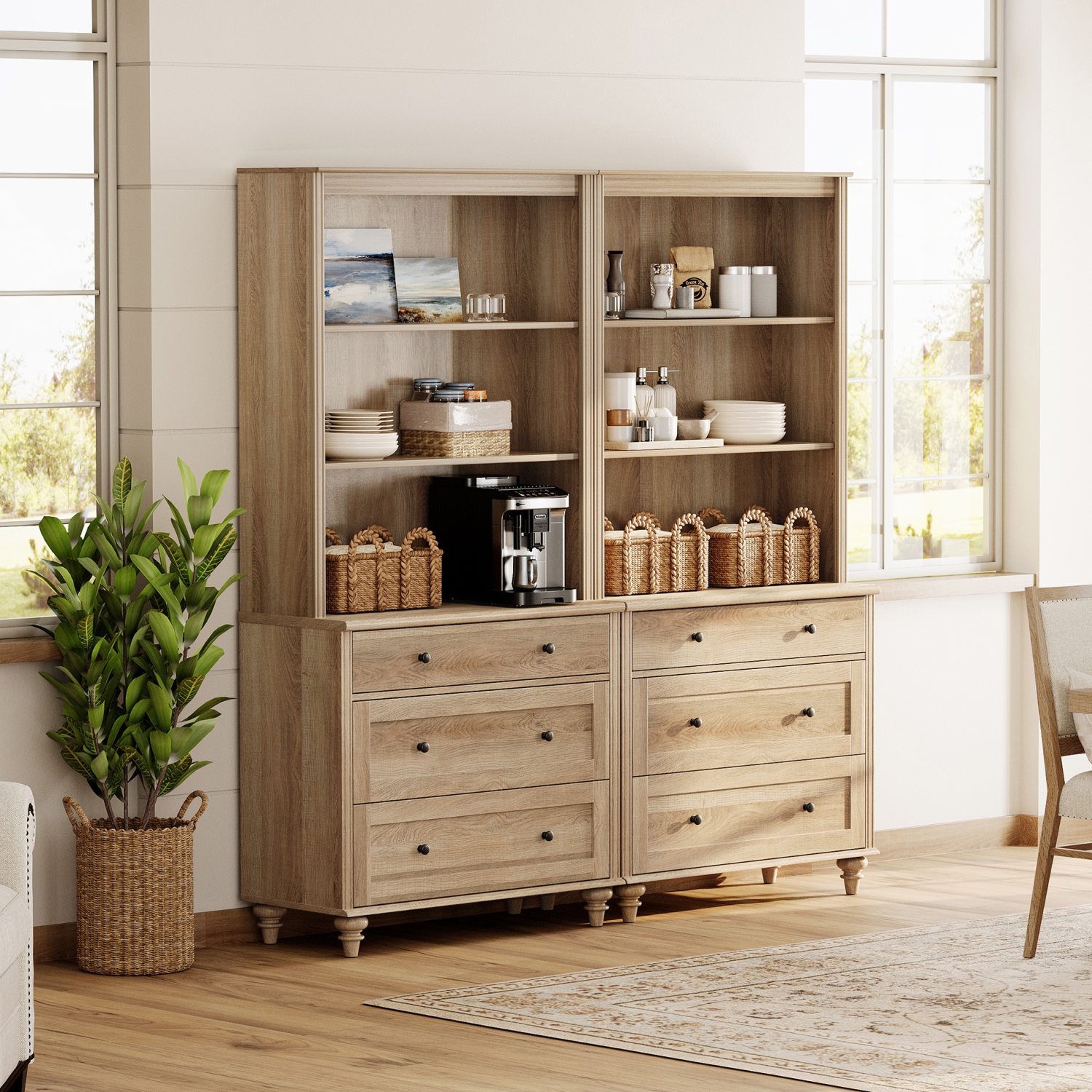 Bibliothèque à 3 niveaux WAMPAT avec 3 tiroirs, grande bibliothèque de 72&nbsp;po de hauteur, étagère de rangement avec bibliothèque ouverte à 3