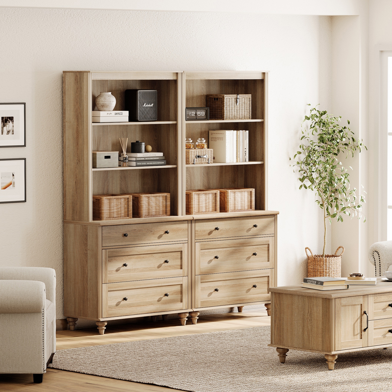 Bibliothèque à 3 niveaux WAMPAT avec 3 tiroirs, grande bibliothèque de 72&nbsp;po de hauteur, étagère de rangement avec bibliothèque ouverte à 3