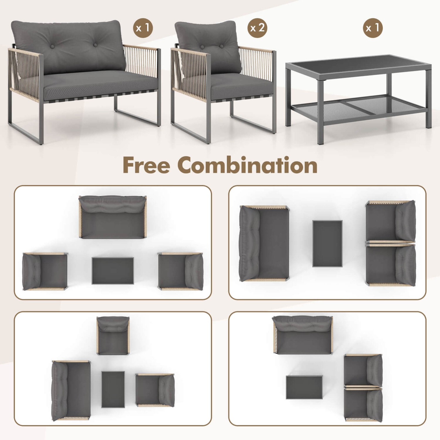 Ensemble de meubles de patio en rotin PE 4/8 de Costway avec coussins épais