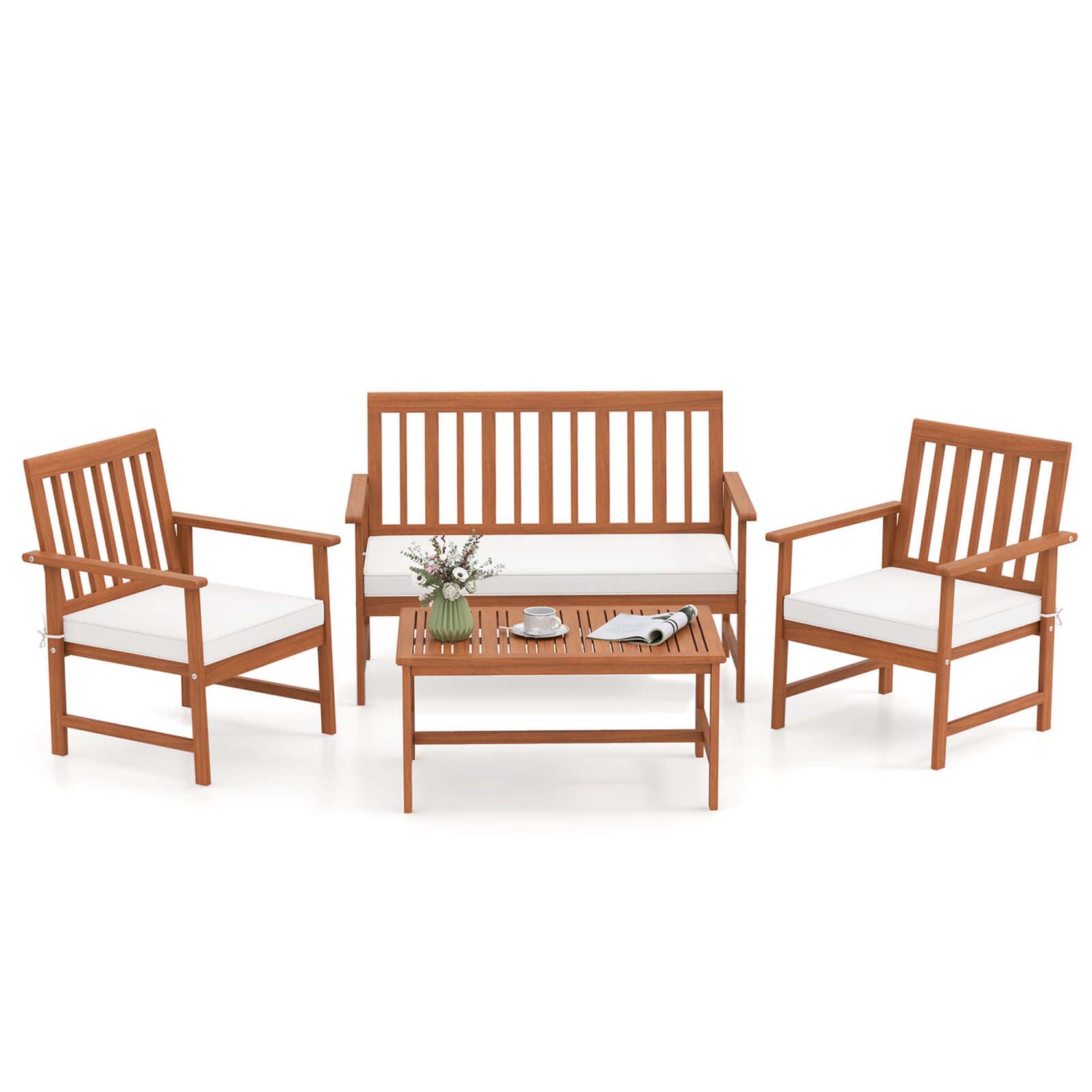 Costway 4/8 PCS Acacia Wood Furniture Set Coffee Table & 2 Armchairs with Seat Cushions