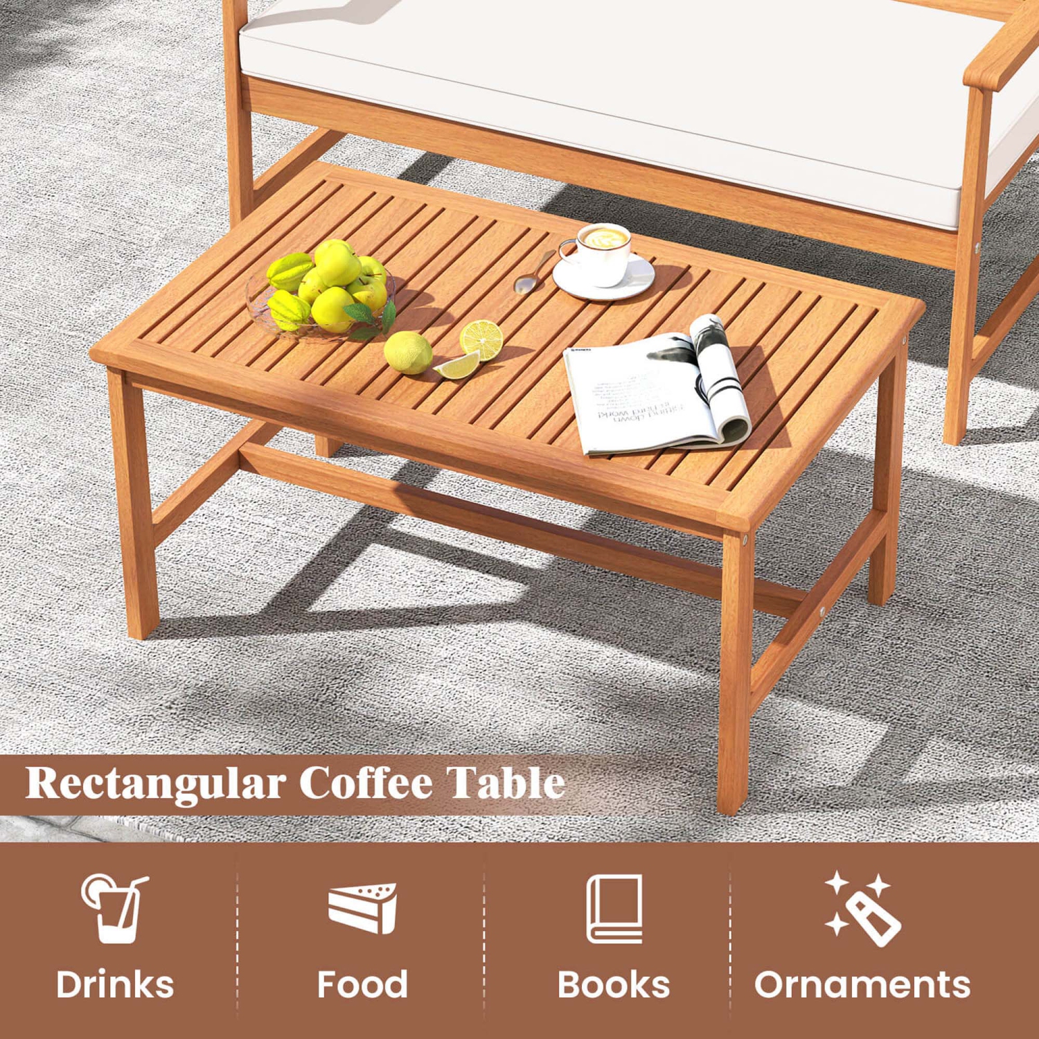 Costway 4/8 PCS Acacia Wood Furniture Set Coffee Table & 2 Armchairs with Seat Cushions