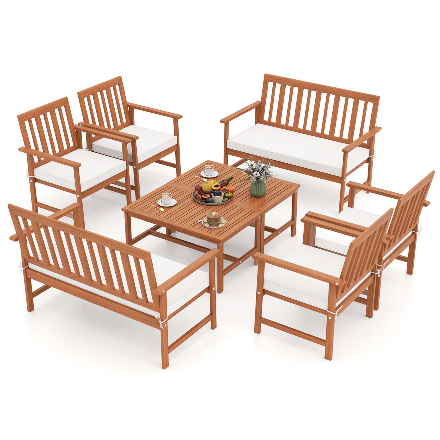 Costway 4/8 PCS Acacia Wood Furniture Set Coffee Table & 2 Armchairs with Seat Cushions