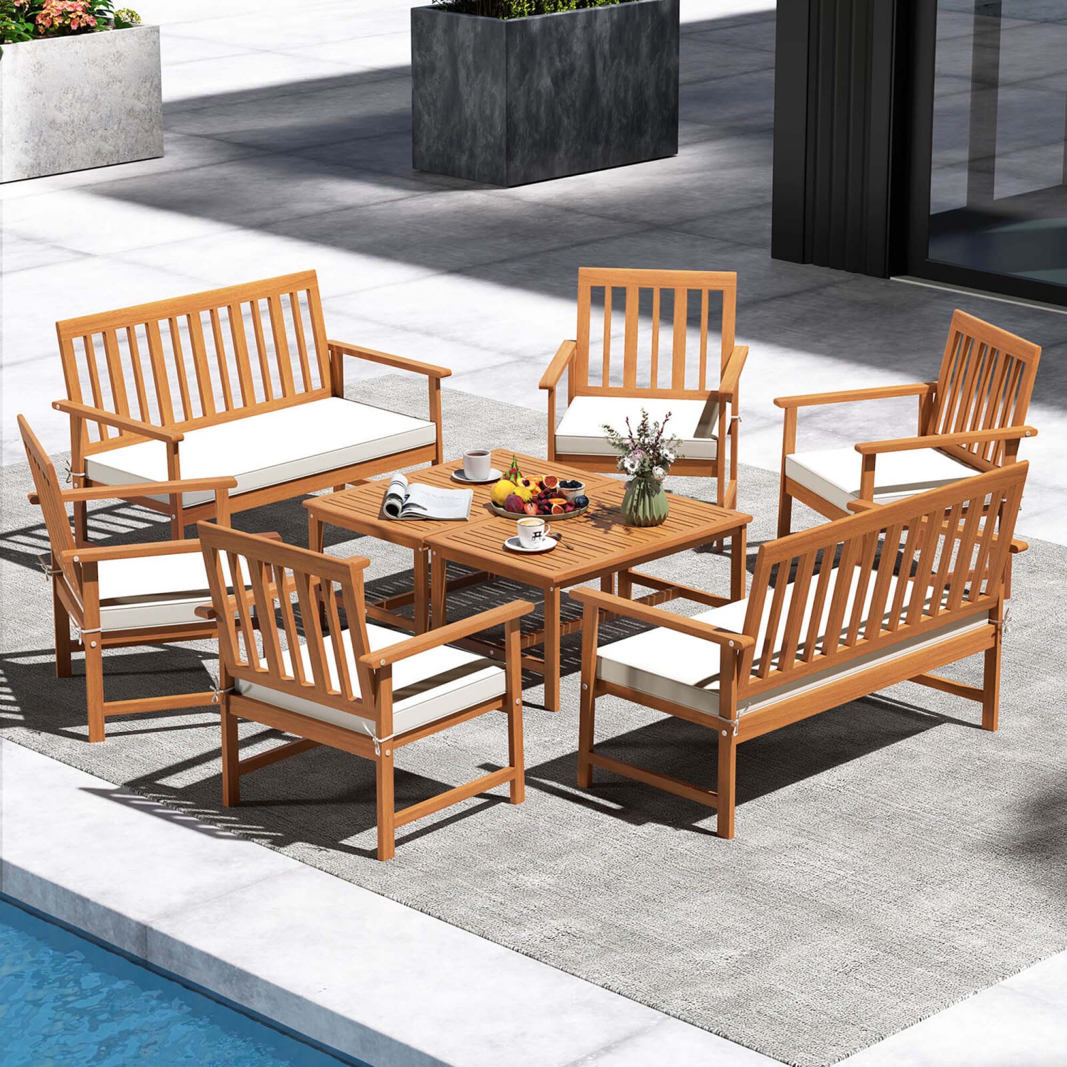 Costway 4/8 PCS Acacia Wood Furniture Set Coffee Table & 2 Armchairs with Seat Cushions