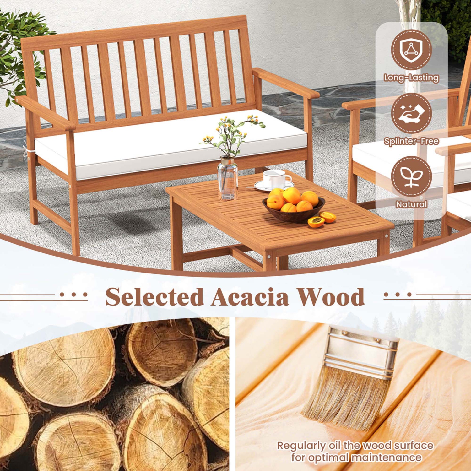 Costway 4/8 PCS Acacia Wood Furniture Set Coffee Table & 2 Armchairs with Seat Cushions