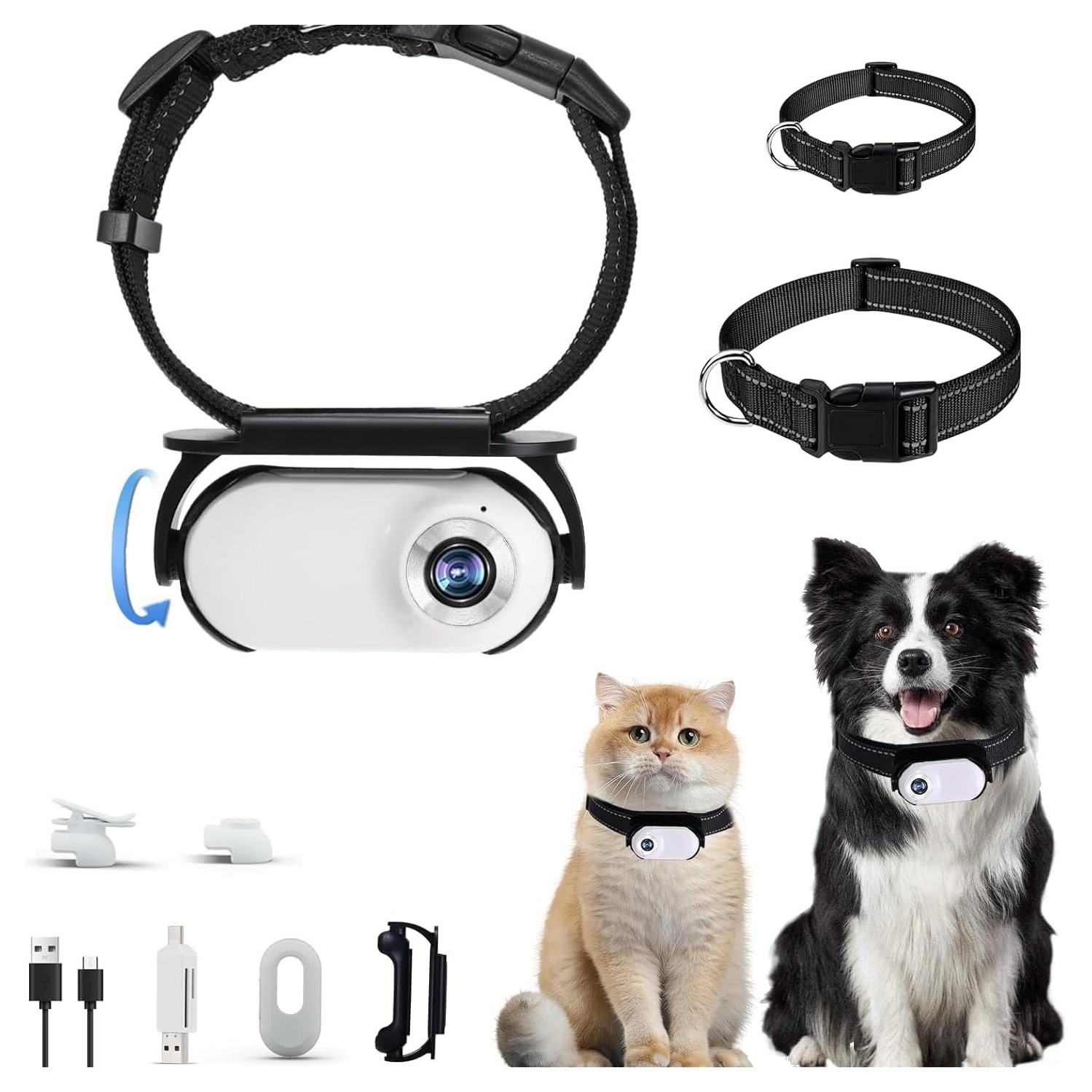 1080P Cat Camera Collar, HD 1080P Video Mini Collar with SD Card, Wireless Action Camera for Cats and Dogs, Outdoor/Indoor Dog Tracker, White