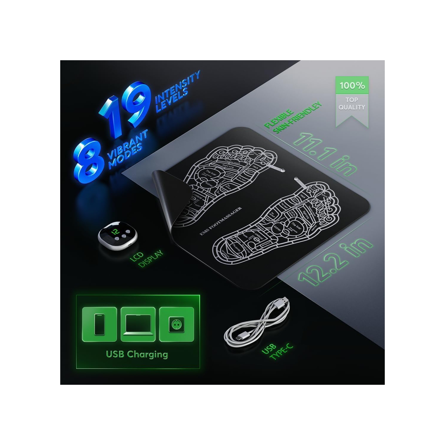 Pulse Foot Massager, USB Rechargeable Foot Massager, Foot Massage Pad for Neuropathy, Foot Stimulator for Pain Relief and Muscle Relaxation, Black