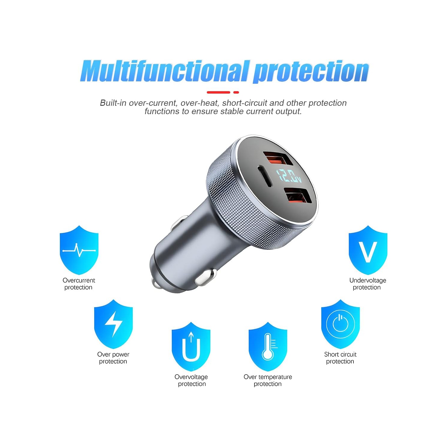 72W Fast Car Charger Adapter, Dual USB Fast Charging Type C Car Charger with LED Display, QC 3.0 PD Cigarette Lighter Adapter for Laptop, Smartphone,