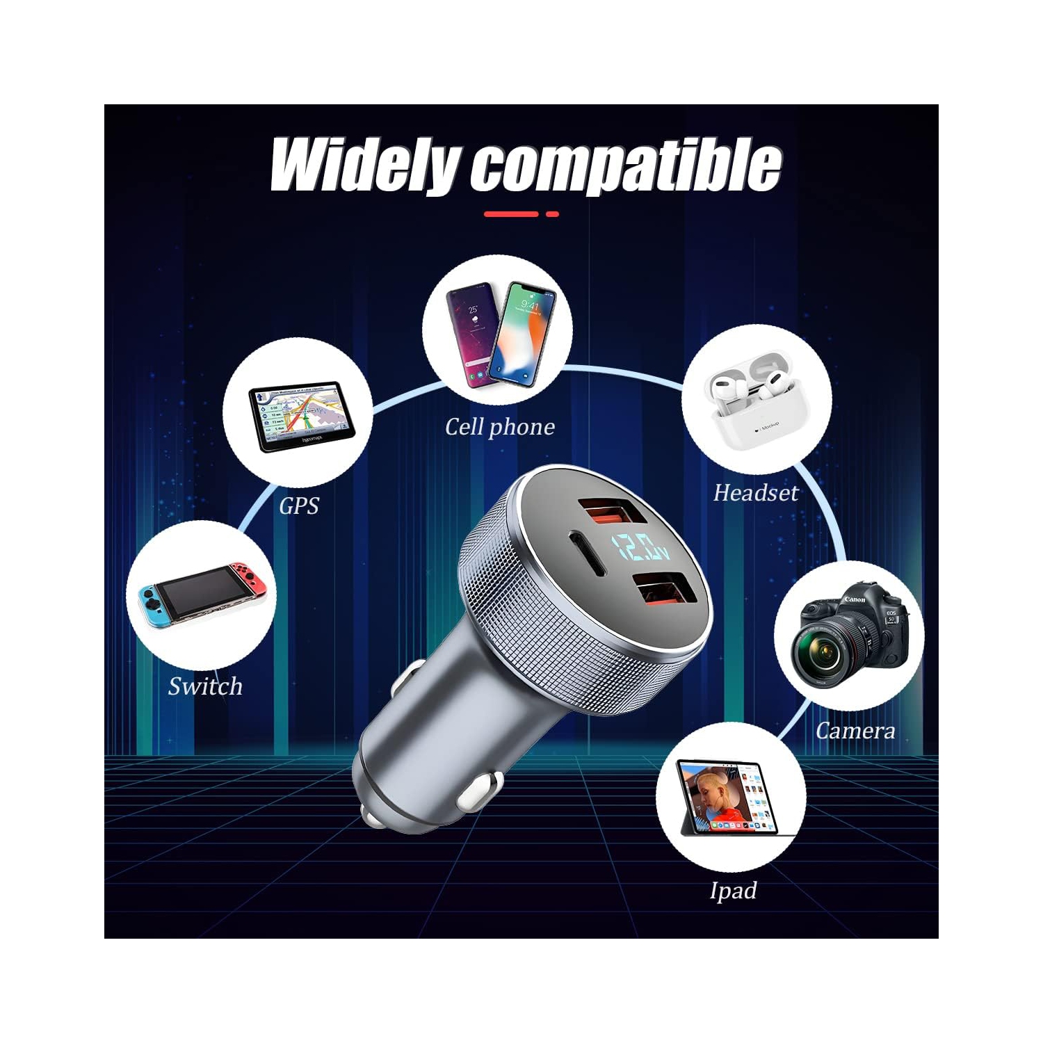 72W Fast Car Charger Adapter, Dual USB Fast Charging Type C Car Charger with LED Display, QC 3.0 PD Cigarette Lighter Adapter for Laptop, Smartphone,