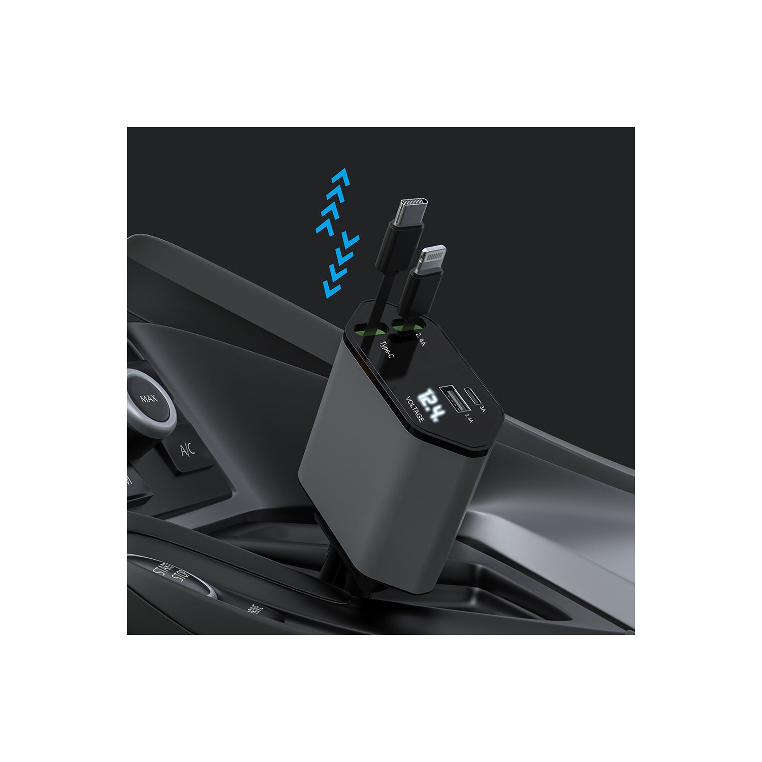 Retractable Car Charger, 4 in 1 Fast Car Phone Charger Retractable Cable 120W and 2 USB Ports Compatible with iPhone 15 Pro Max [Type-C+Type-c]