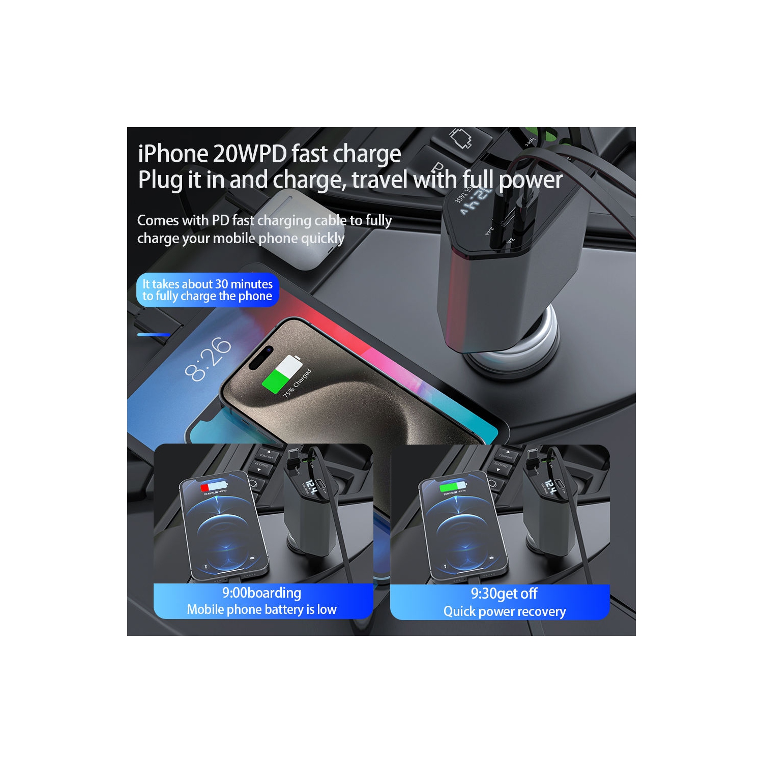 Retractable Car Charger, 4 in 1 Fast Car Phone Charger Retractable Cable 120W and 2 USB Ports Compatible with iPhone 15 Pro Max [Type-C+Type-c]