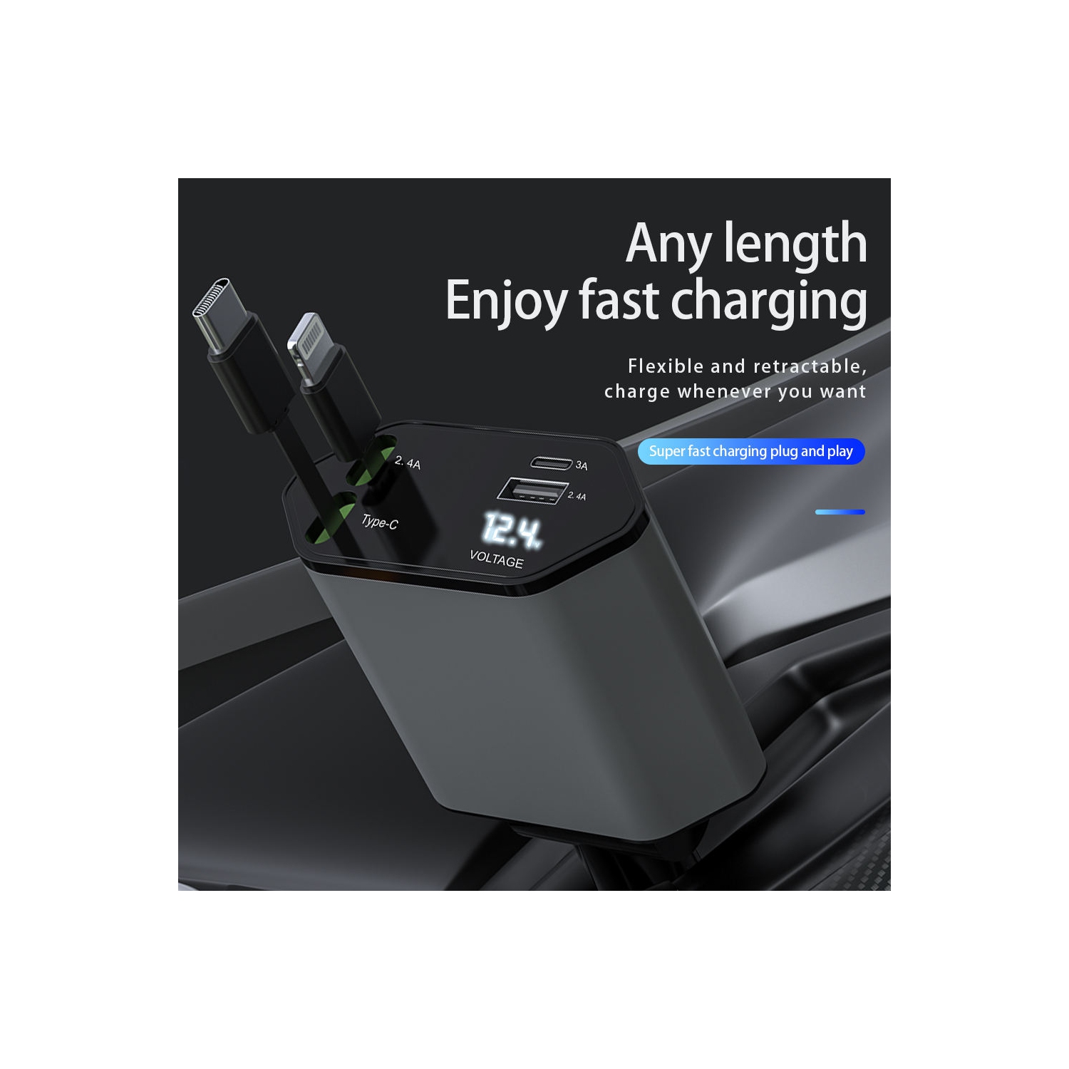 Retractable Car Charger, 4 in 1 Fast Car Phone Charger Retractable Cable 120W and 2 USB Ports Compatible with iPhone 15 Pro Max [Type-C+Type-c]