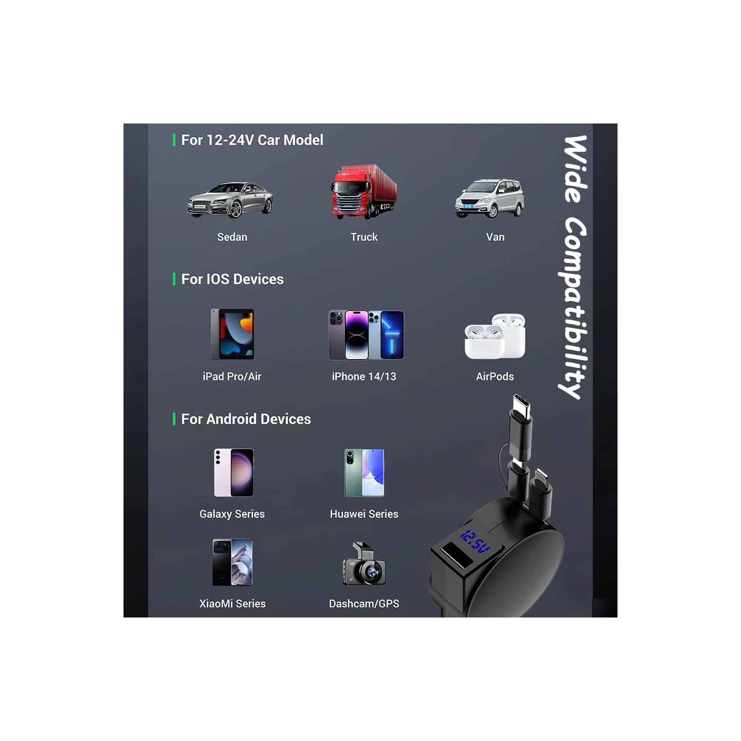 Retractable cable car charger Super fast charging 60W digital display multifunctional three-in-one car cigarette lighter charger[Super fast charging