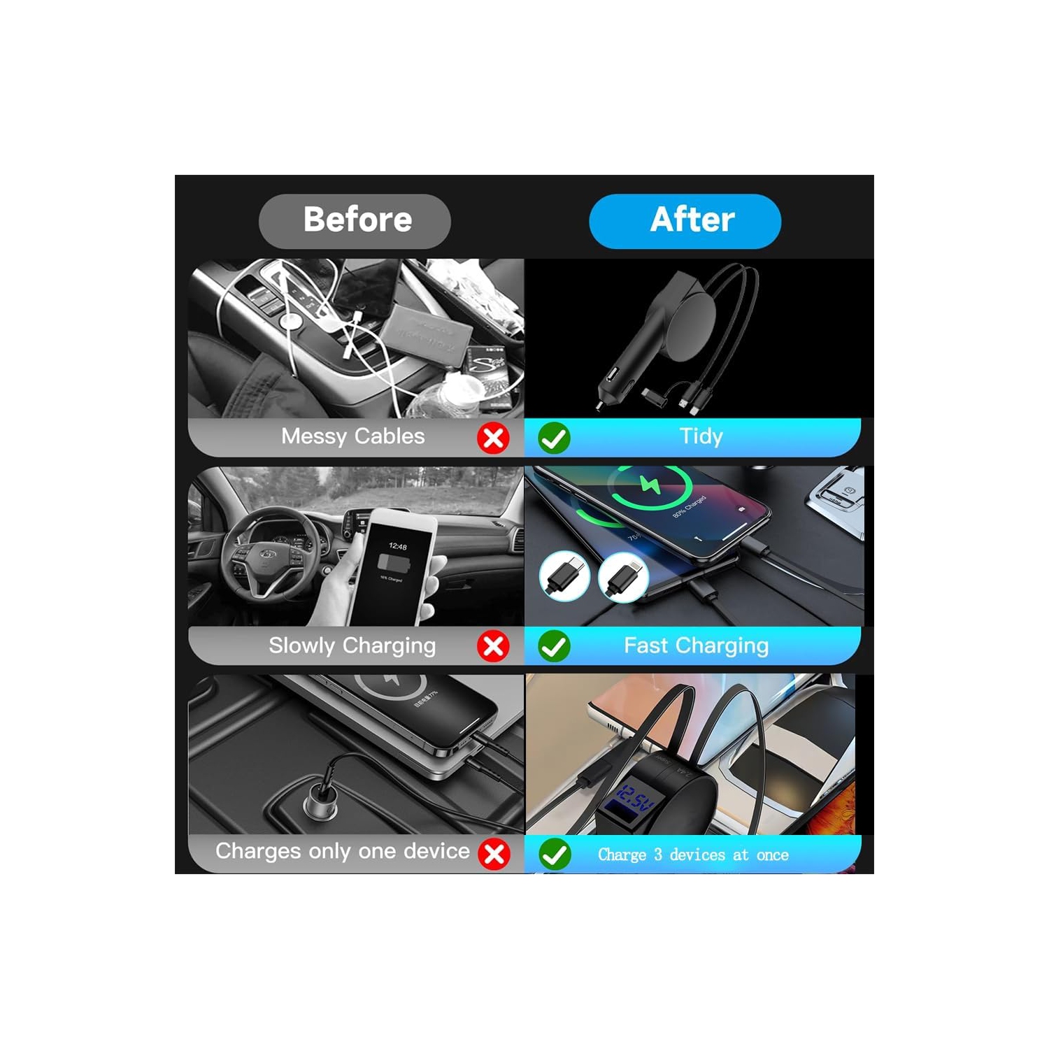 Retractable cable car charger Super fast charging 60W digital display multifunctional three-in-one car cigarette lighter charger[Super fast charging