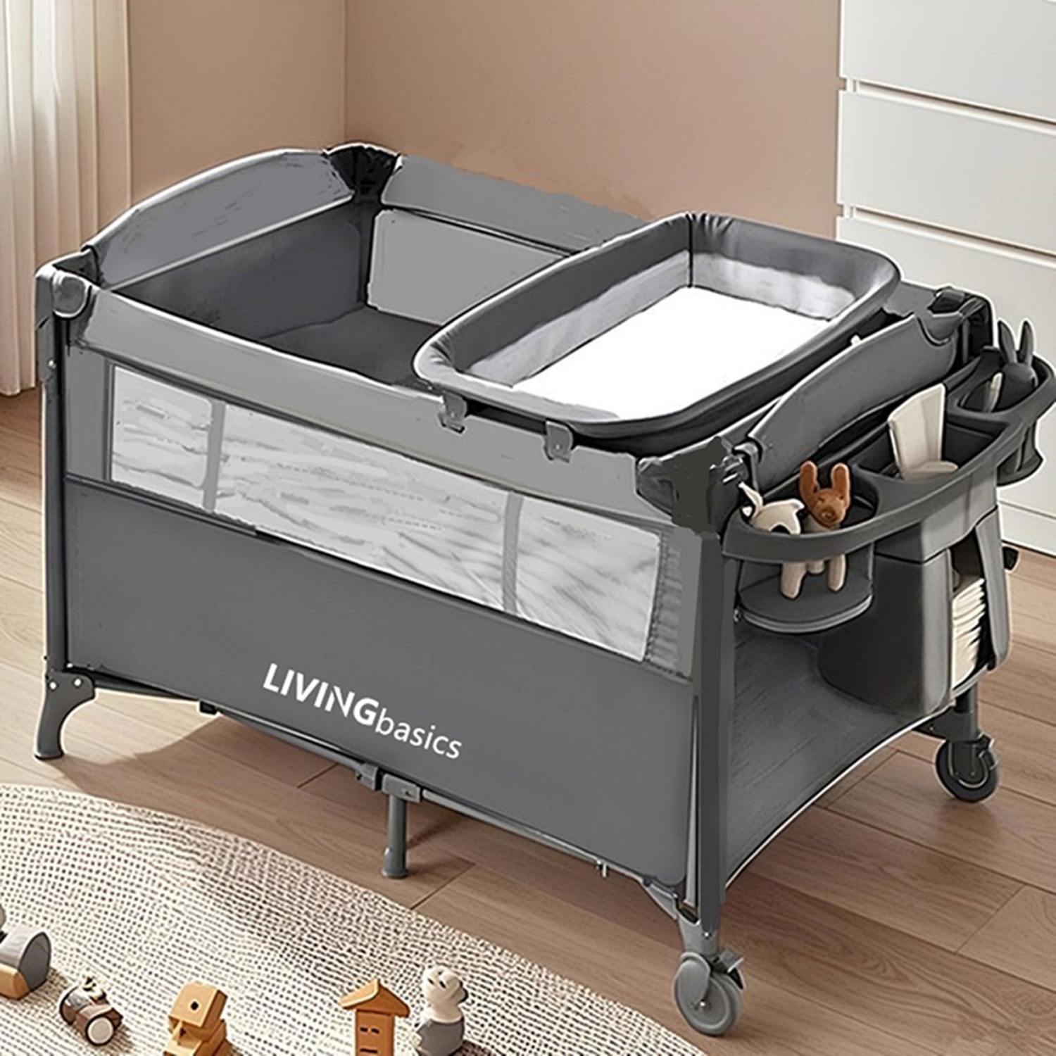 3 in 1 Baby Playard with Bassinet and Diaper Changing Table, Foldable Play Yard with Side Door Design for Home Travel Outdoor