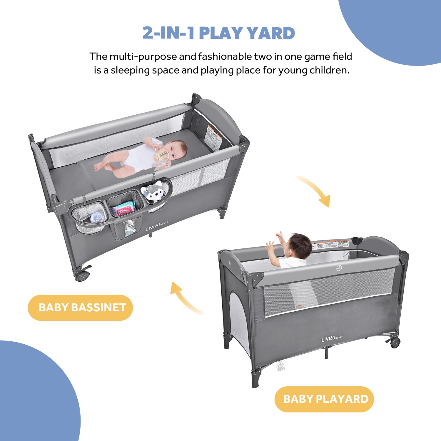 4 in 1 Baby Playard, Foldable Large Baby Bassinet Beside Crib Sleeper with Diaper Changing Table and Side Door Design for Home Travel Outdoor